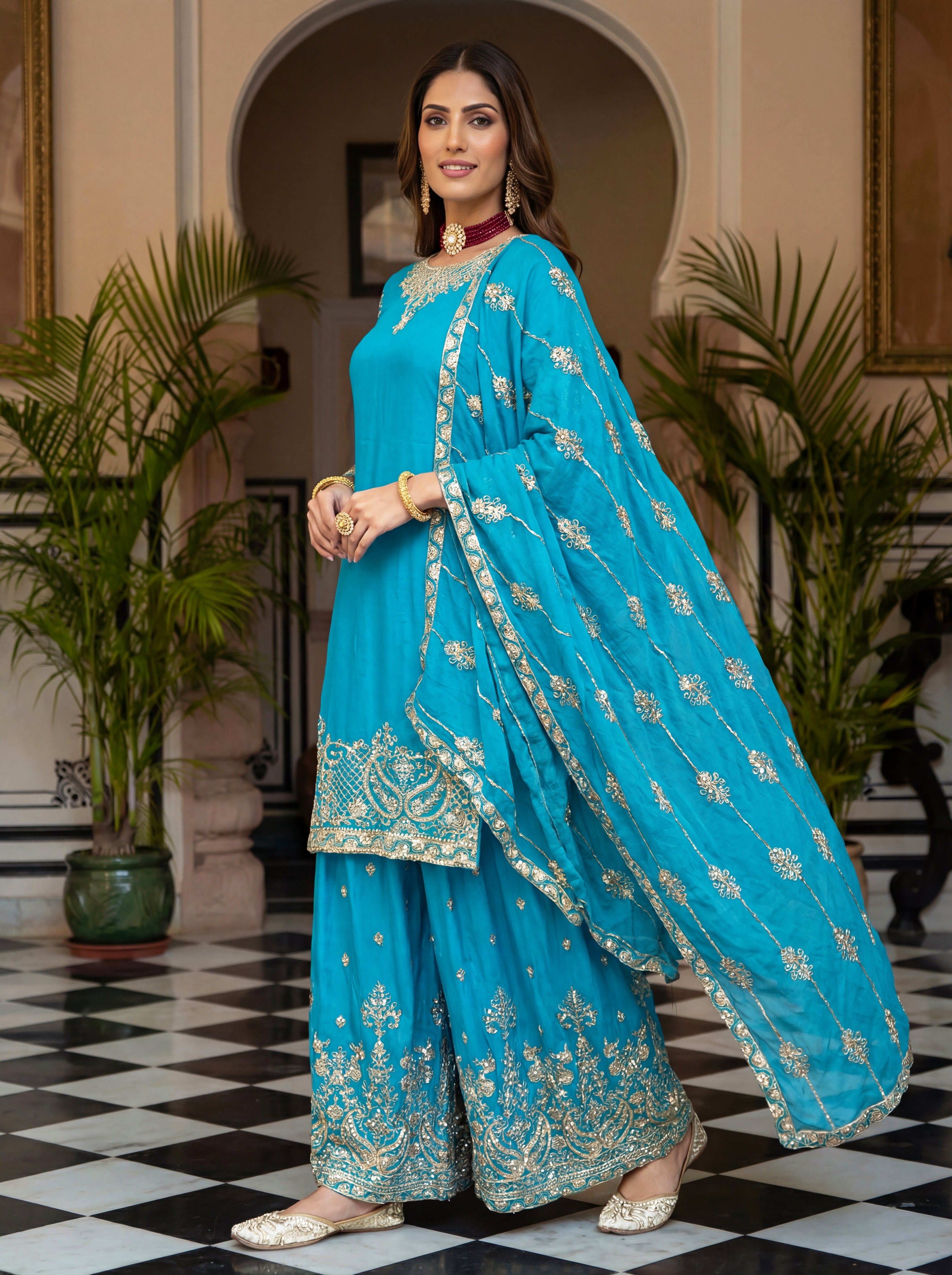 Chinon Silk Embroidered Sharara Set with Dupatta