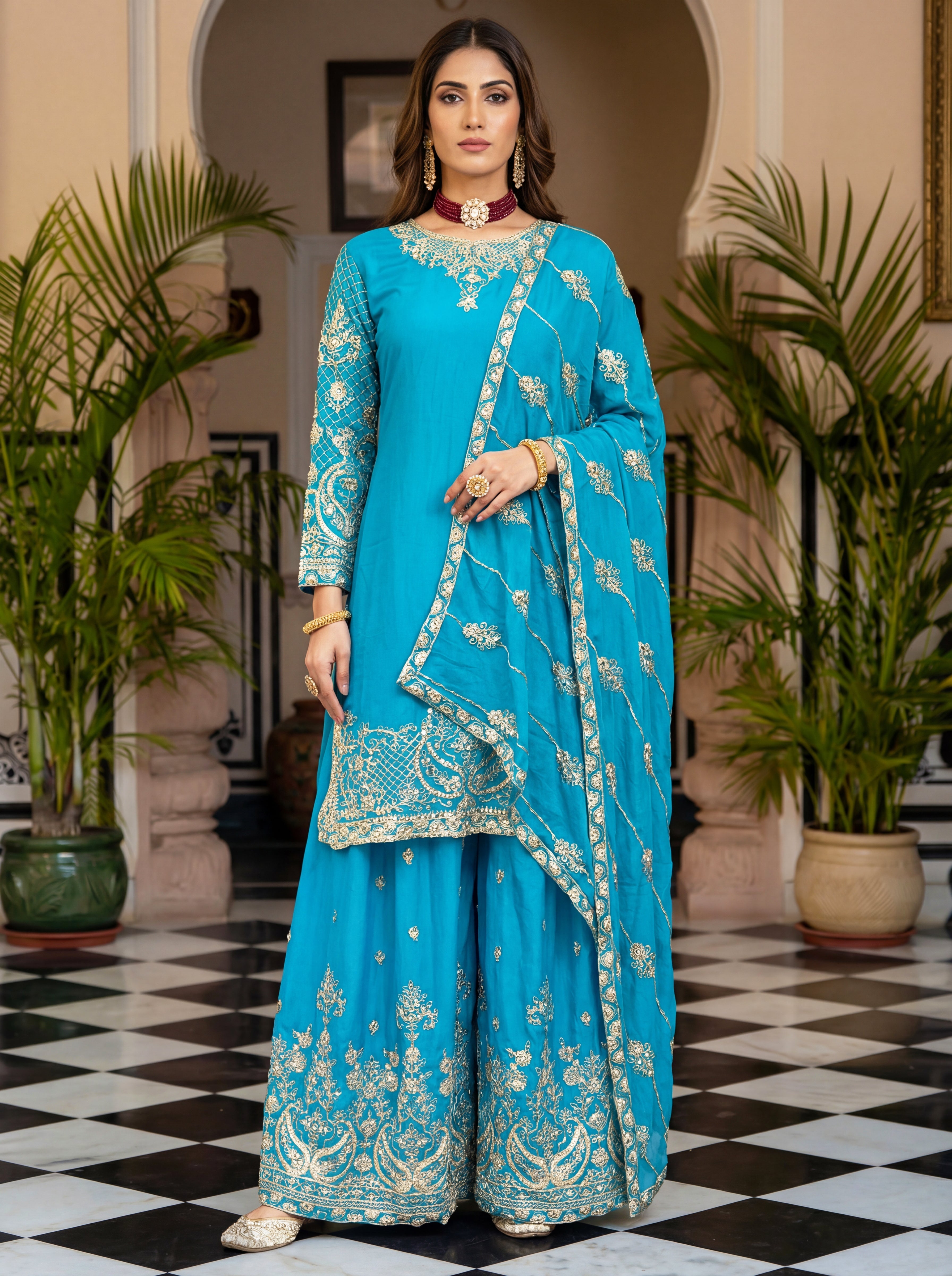 Chinon Silk Embroidered Sharara Set with Dupatta