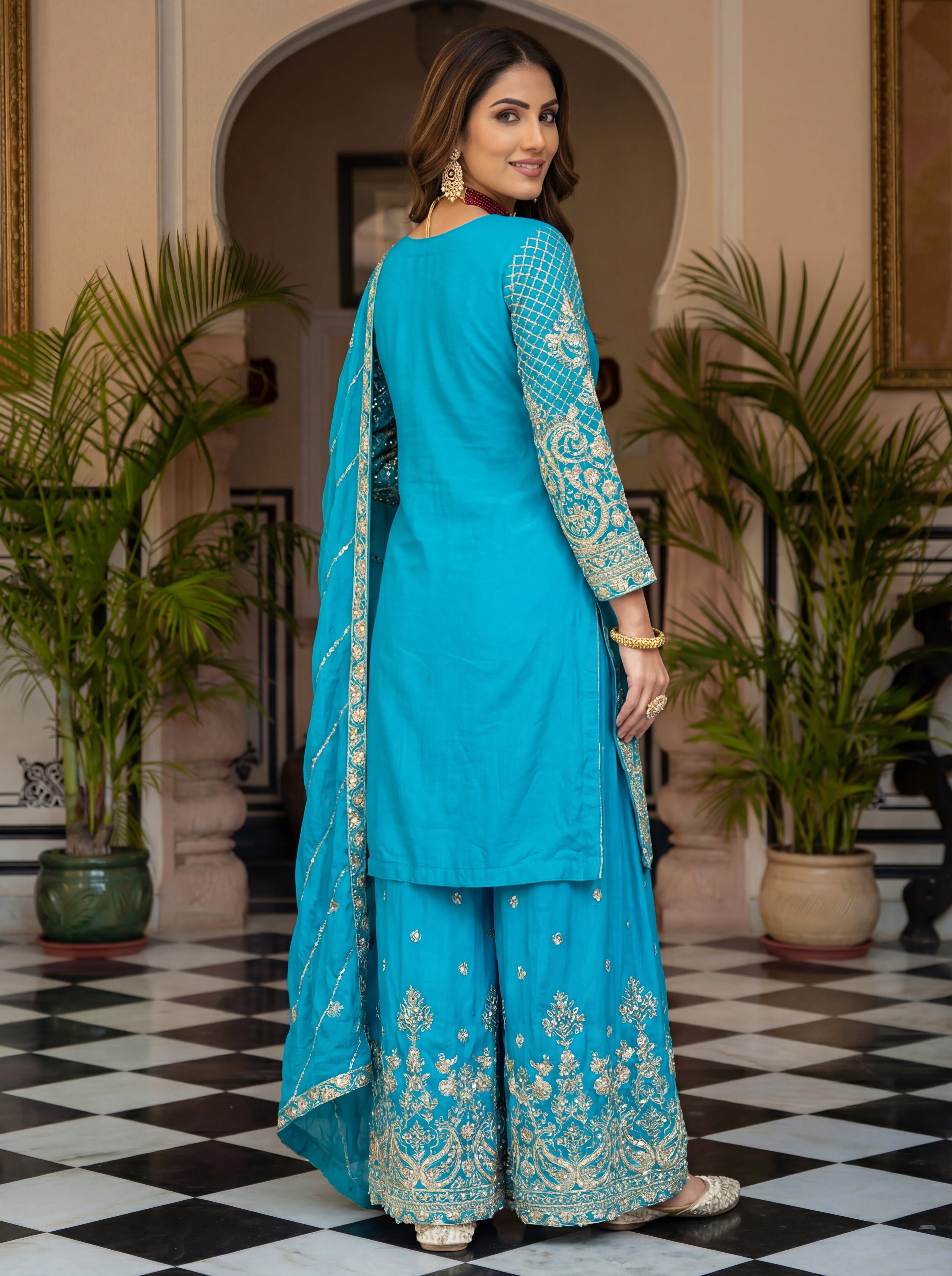 Chinon Silk Embroidered Sharara Set with Dupatta