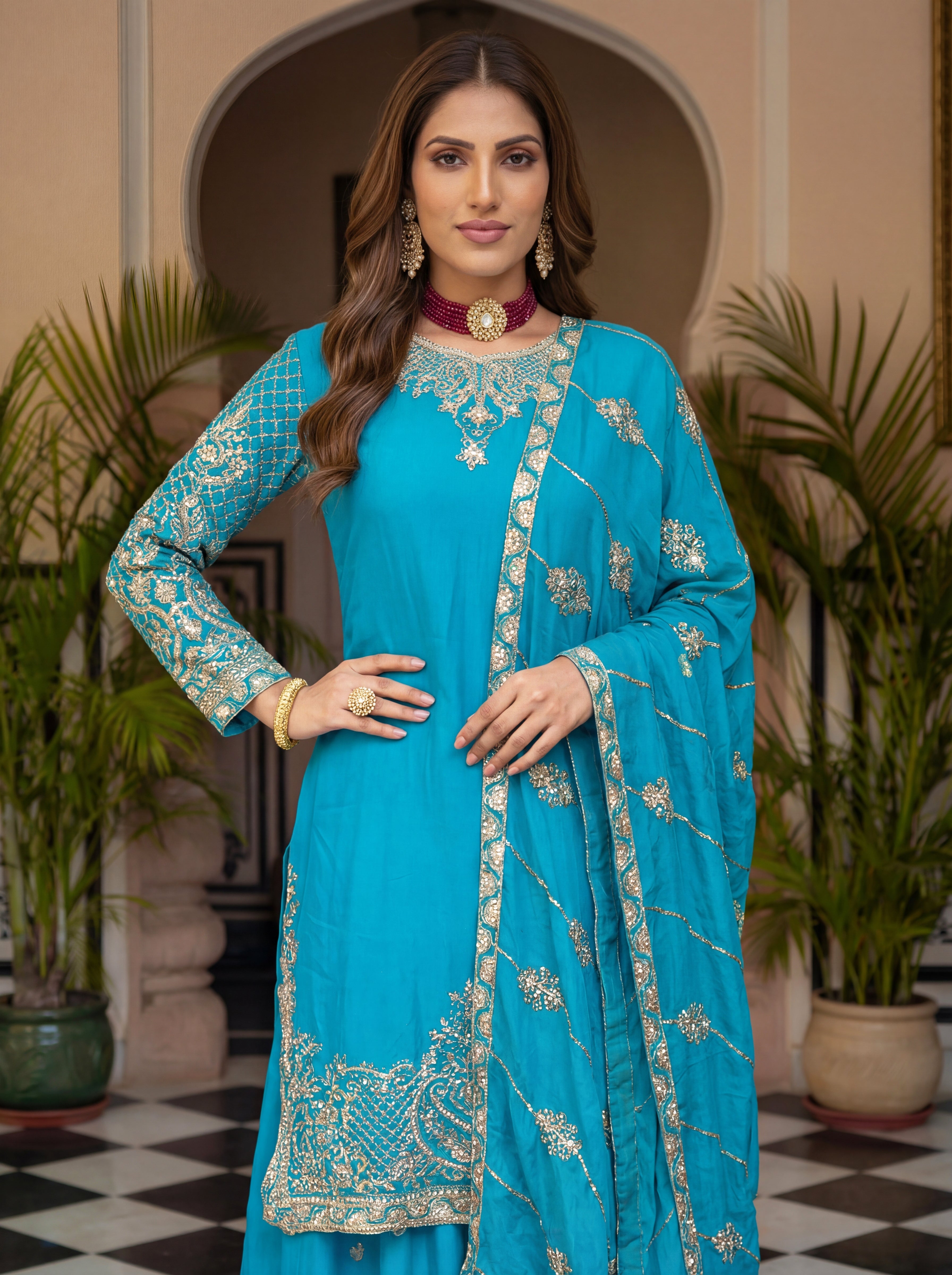 Chinon Silk Embroidered Sharara Set with Dupatta