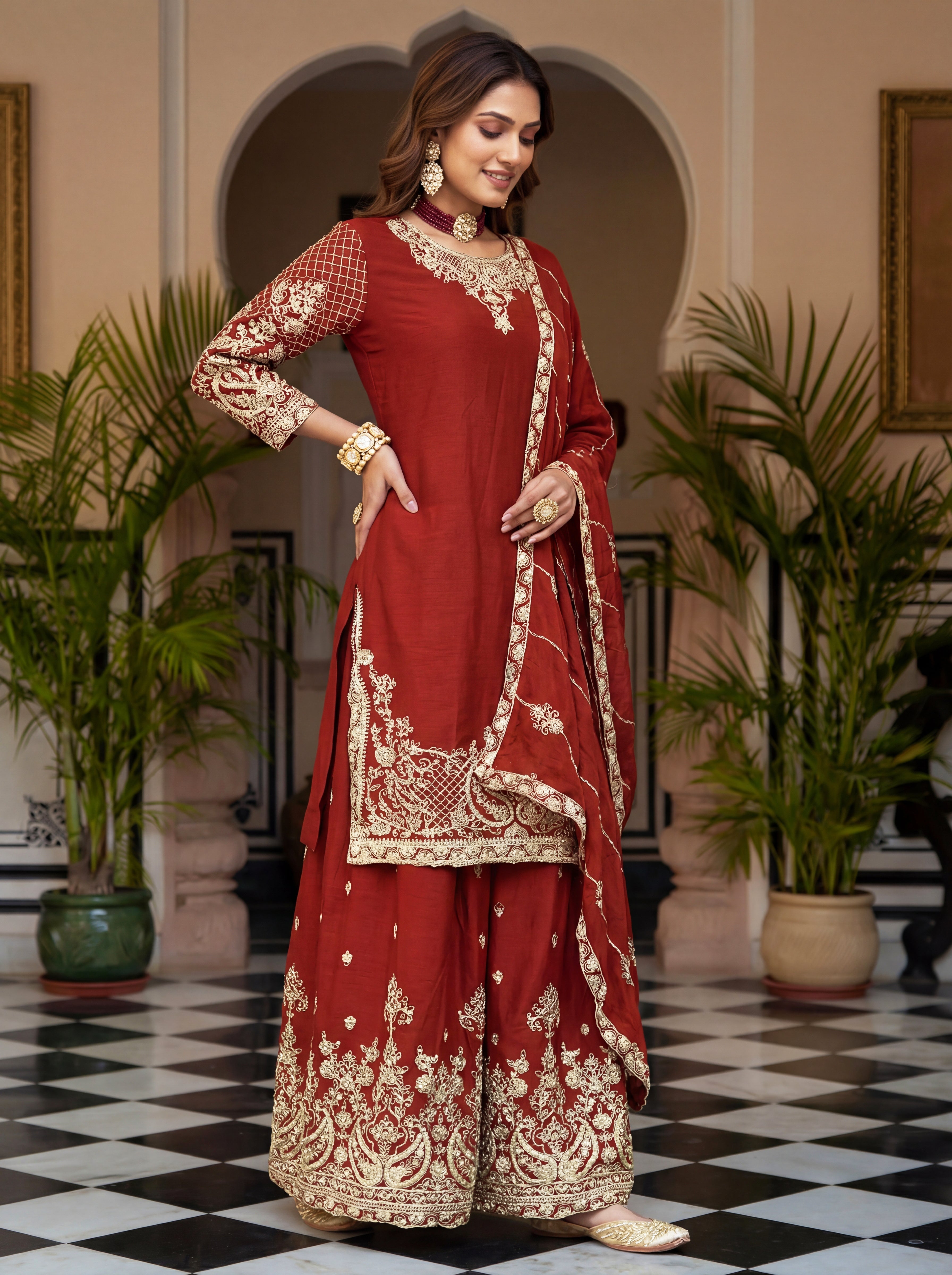 Chinon Silk Embroidered Sharara Set with Dupatta
