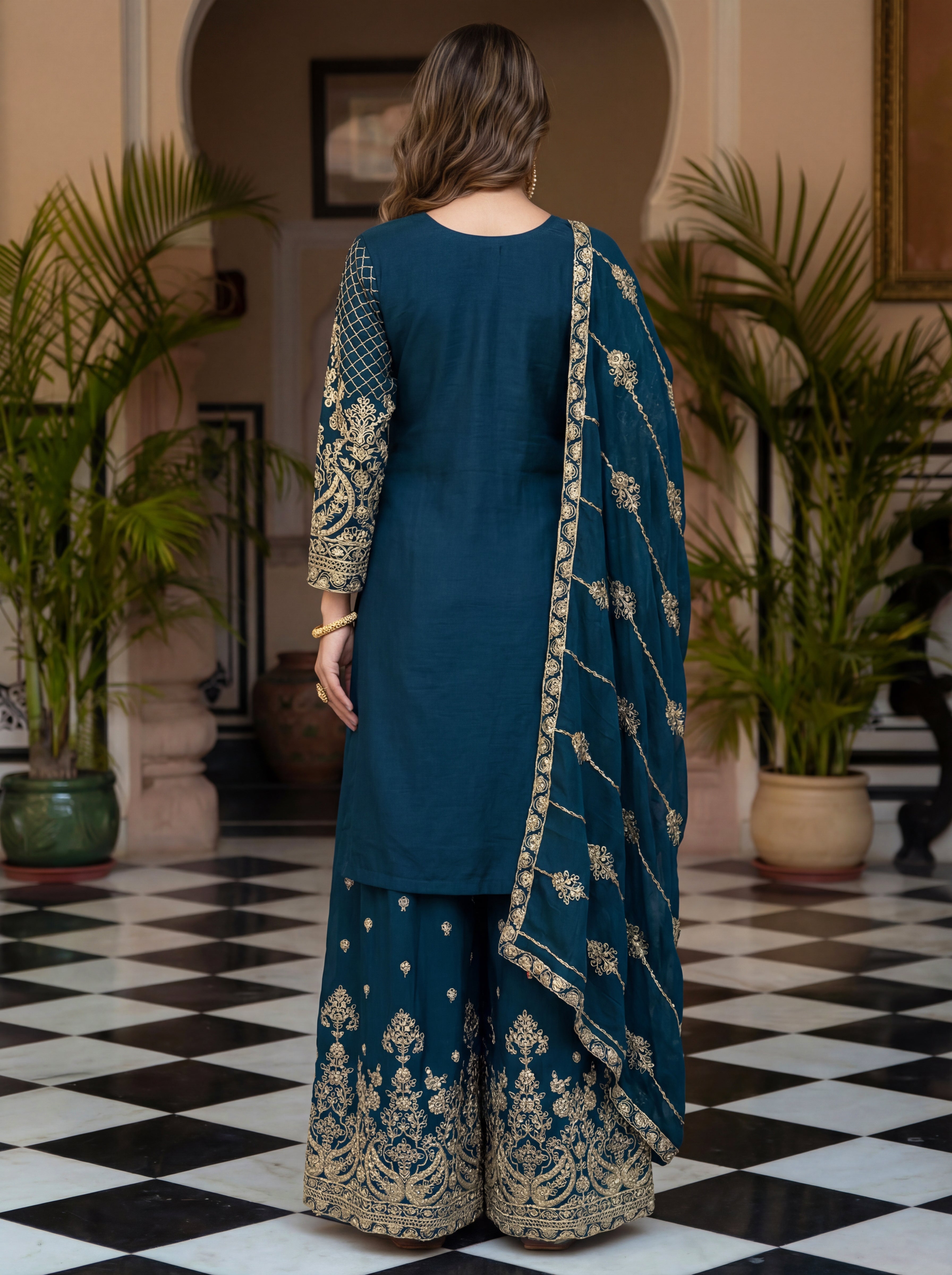 Chinon Silk Embroidered Sharara Set with Dupatta