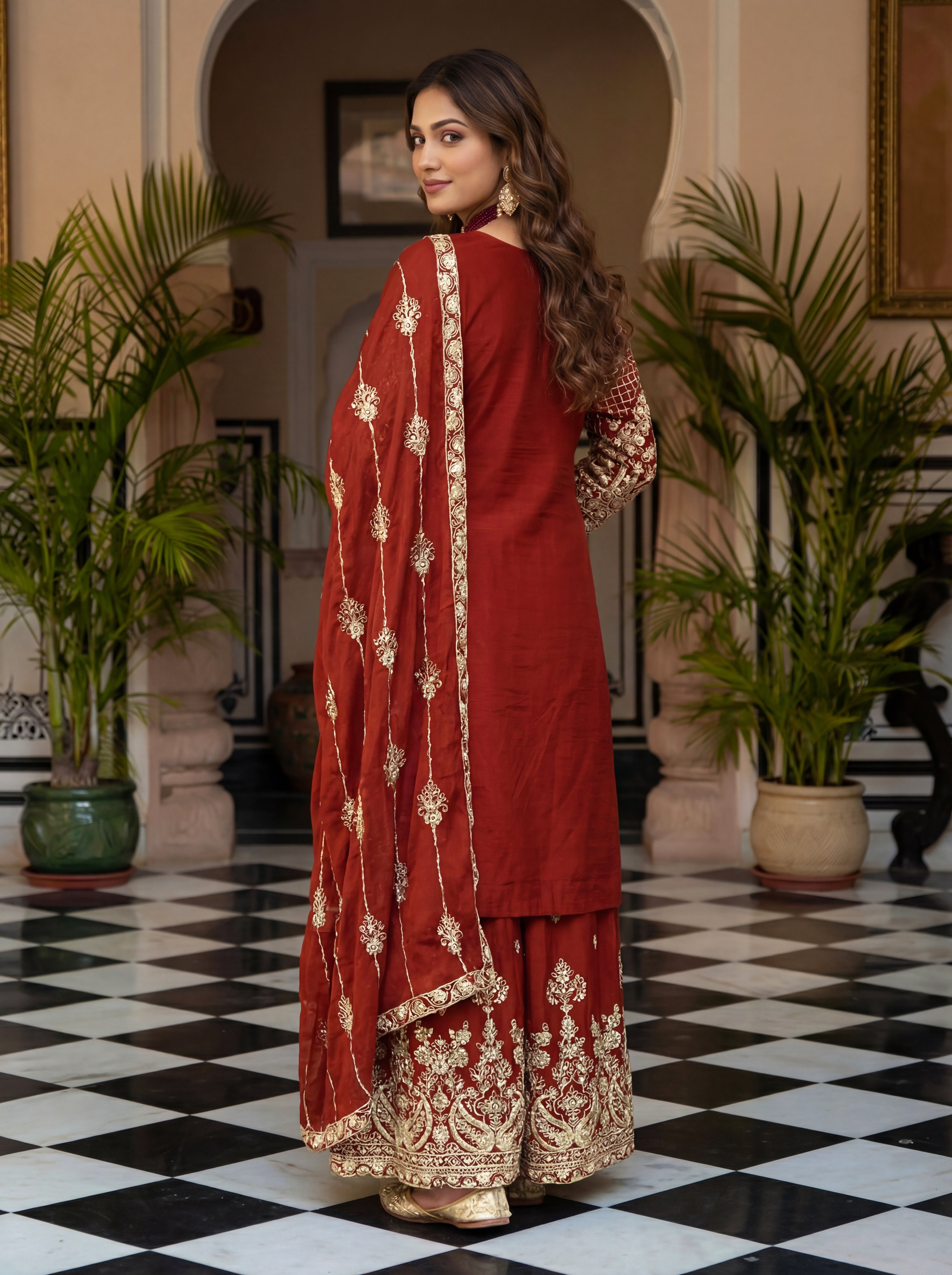 Chinon Silk Embroidered Sharara Set with Dupatta