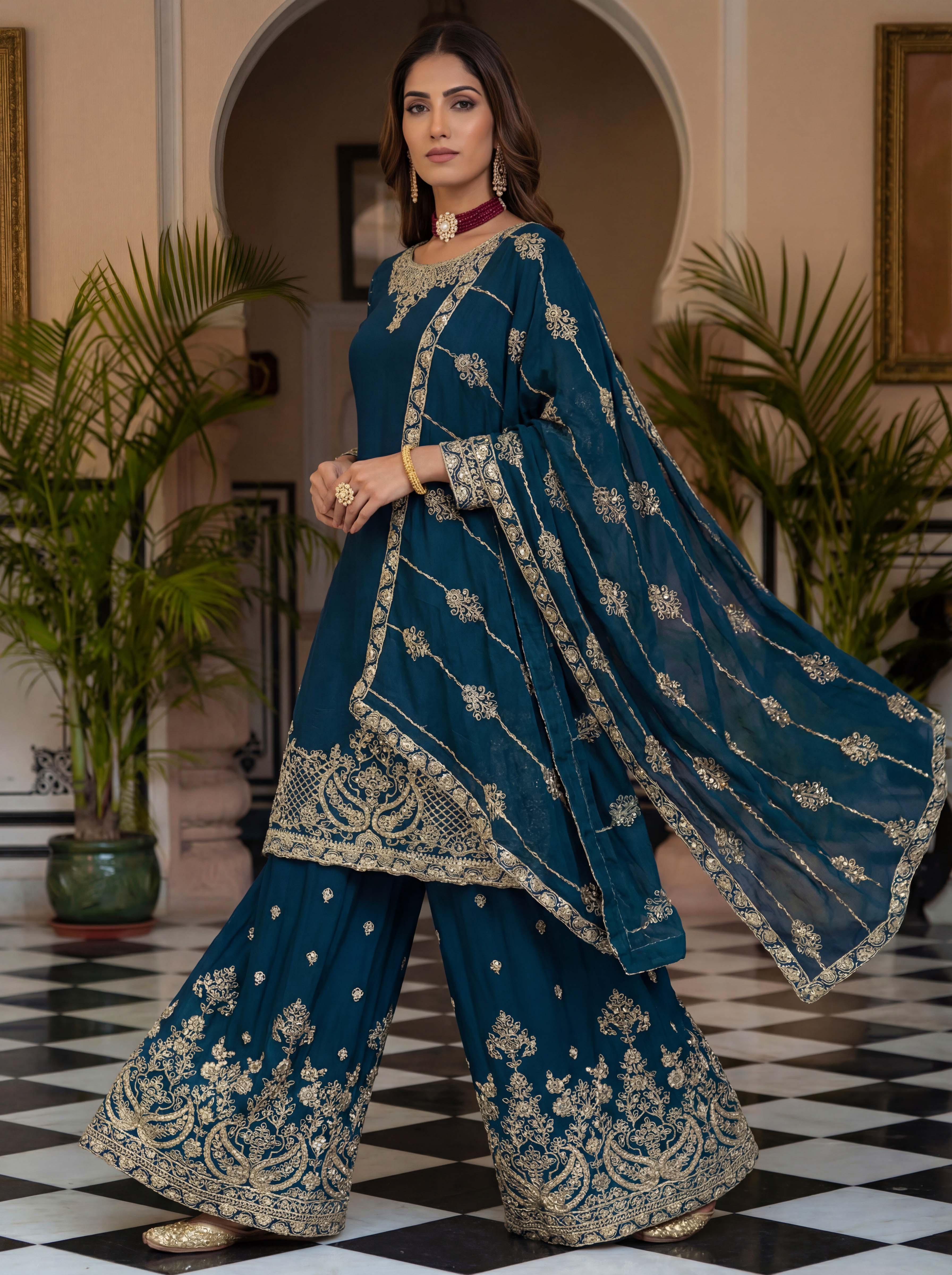 Chinon Silk Embroidered Sharara Set with Dupatta