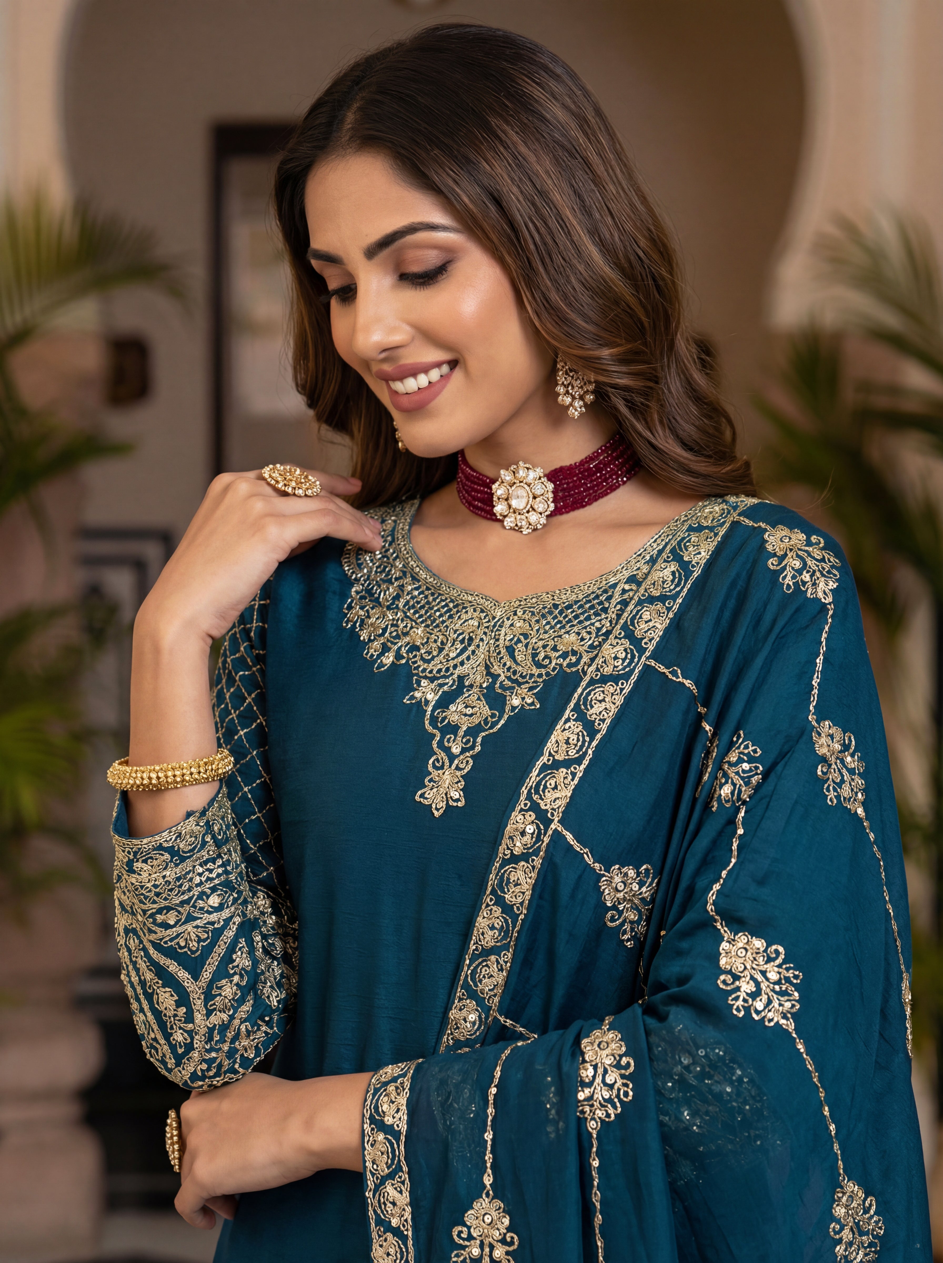Chinon Silk Embroidered Sharara Set with Dupatta