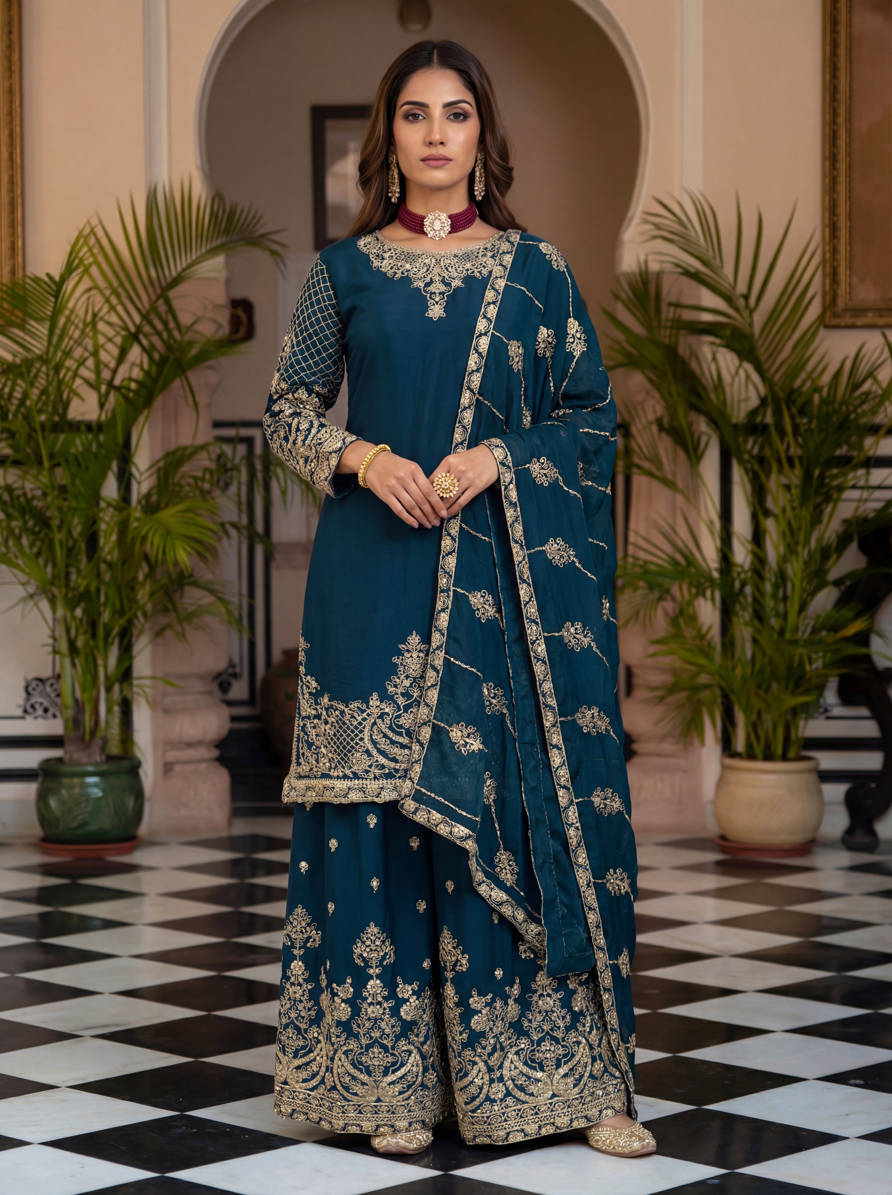 Chinon Silk Embroidered Sharara Set with Dupatta
