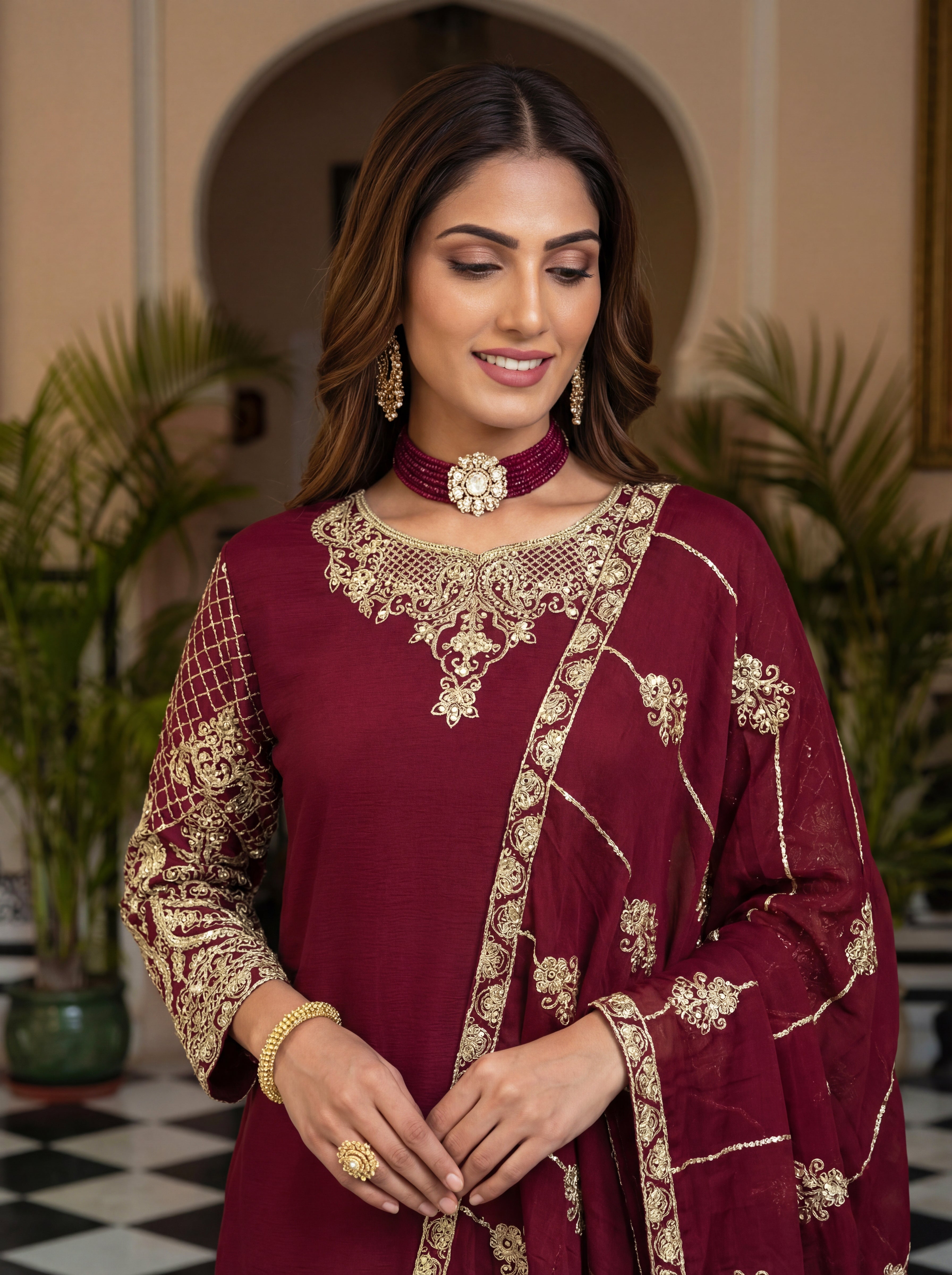 Chinon Silk Embroidered Sharara Set with Dupatta