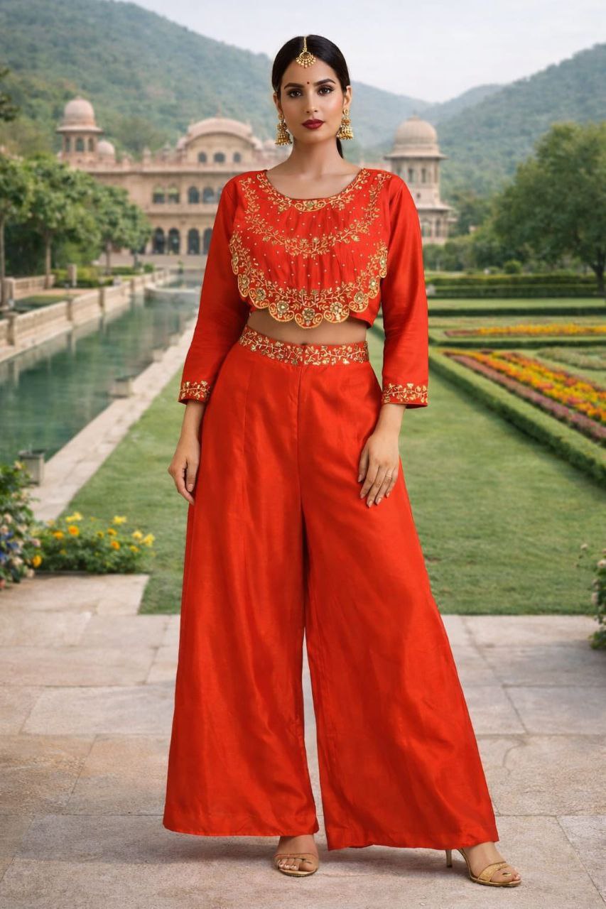 Royal Chinnon Silk Palazzo Set with Embroidery