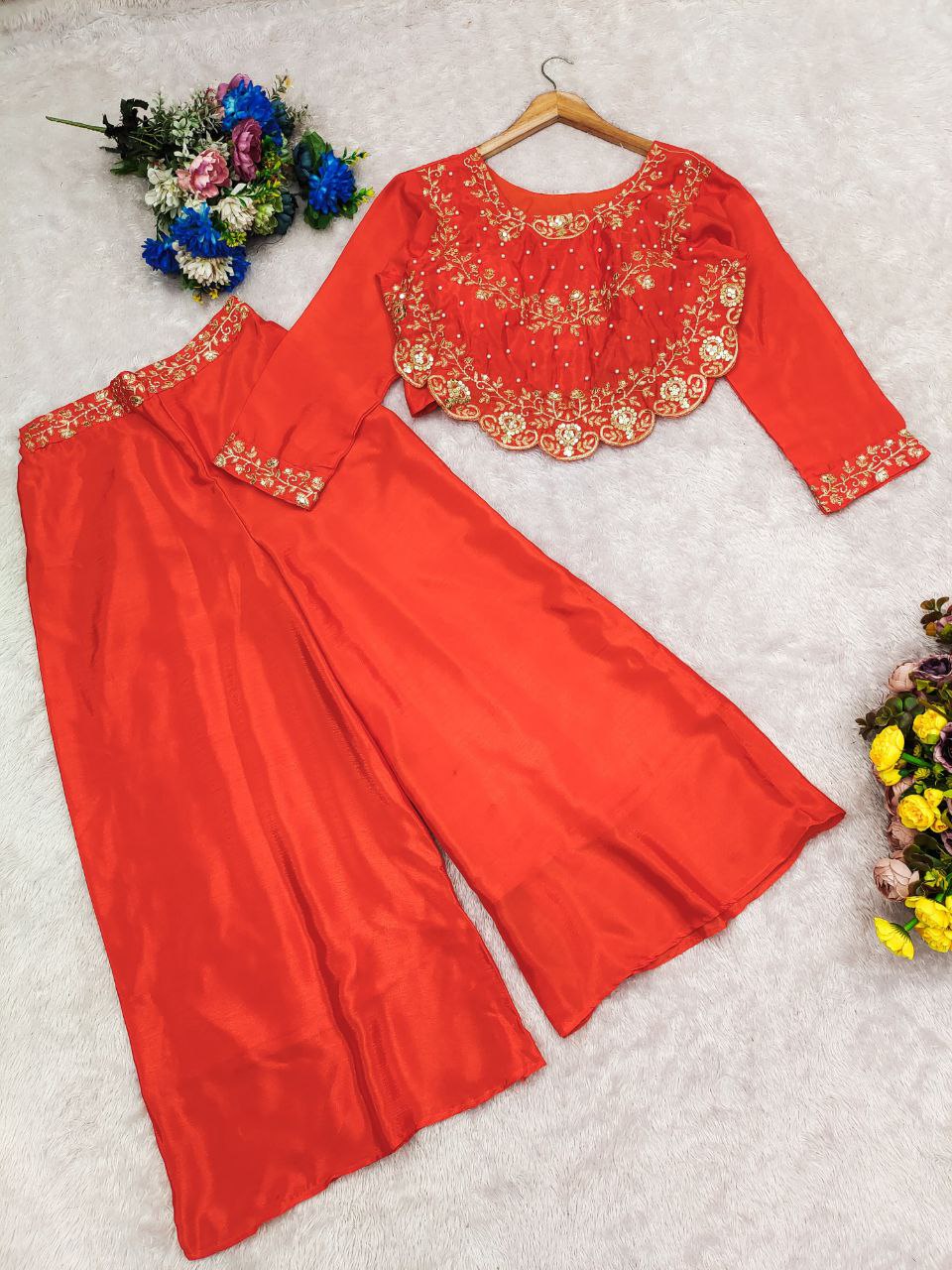 Royal Chinnon Silk Palazzo Set with Embroidery