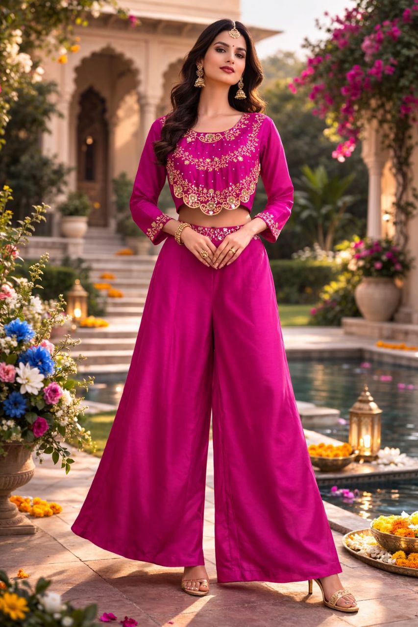 Royal Chinnon Silk Palazzo Set with Embroidery