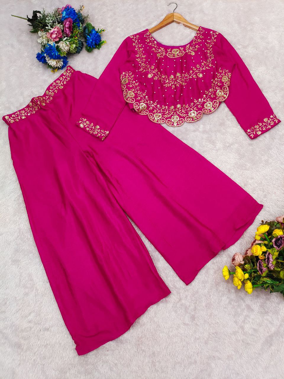 Royal Chinnon Silk Palazzo Set with Embroidery