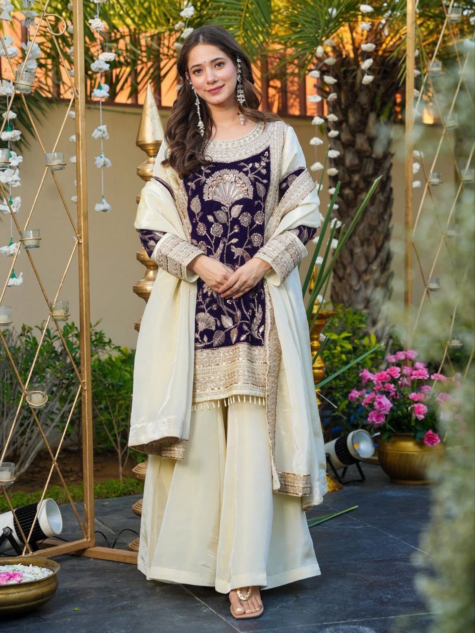 Off-White French Crepe Palazzo Set with Velvet & Dupatta