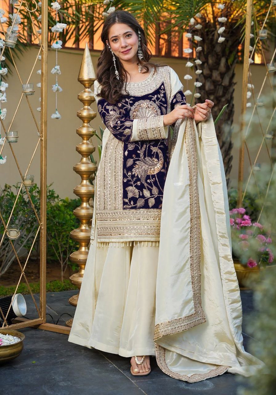 Off-White French Crepe Palazzo Set with Velvet & Dupatta