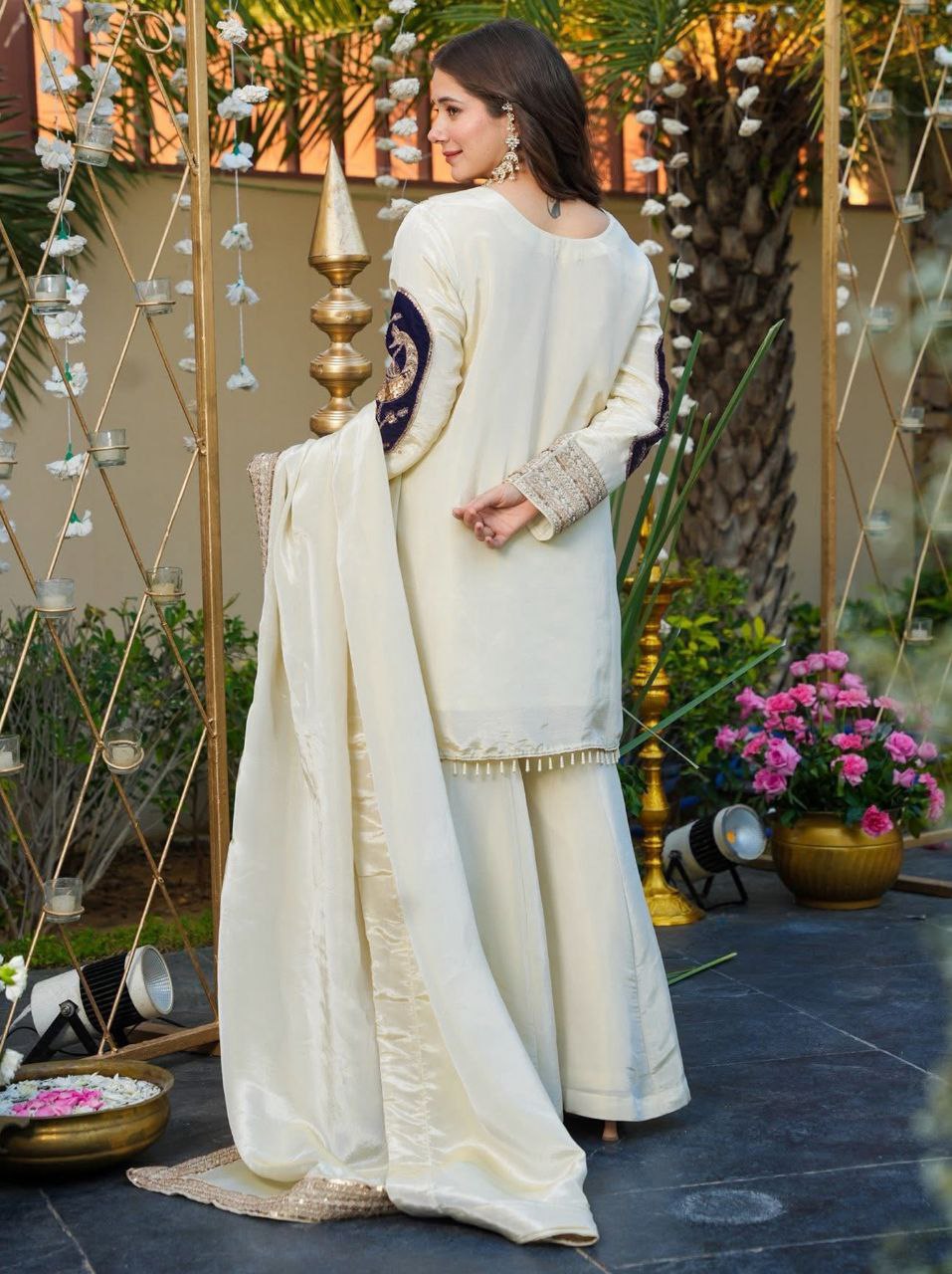 Off-White French Crepe Palazzo Set with Velvet & Dupatta