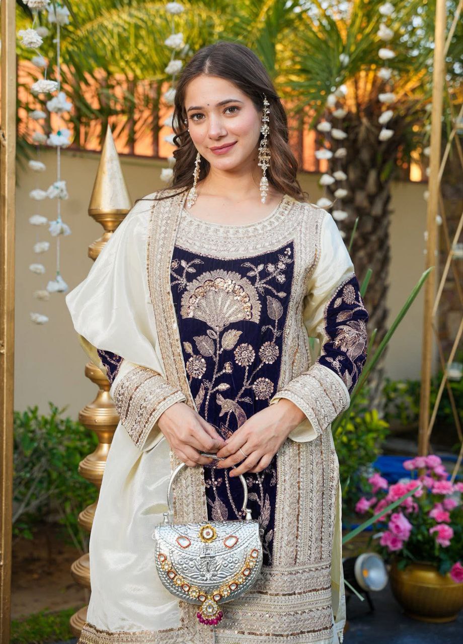 Off-White French Crepe Palazzo Set with Velvet & Dupatta