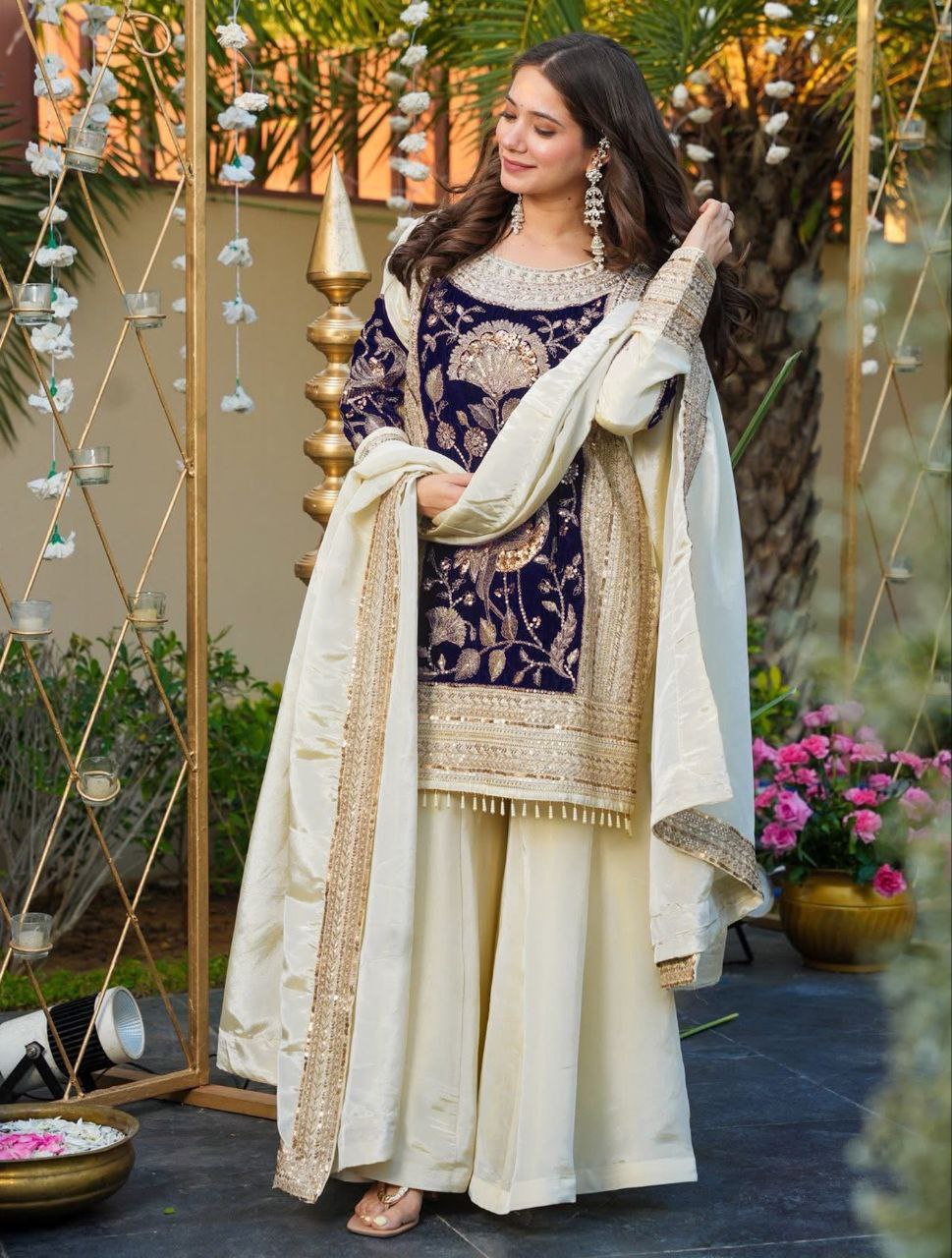 Off-White French Crepe Palazzo Set with Velvet & Dupatta