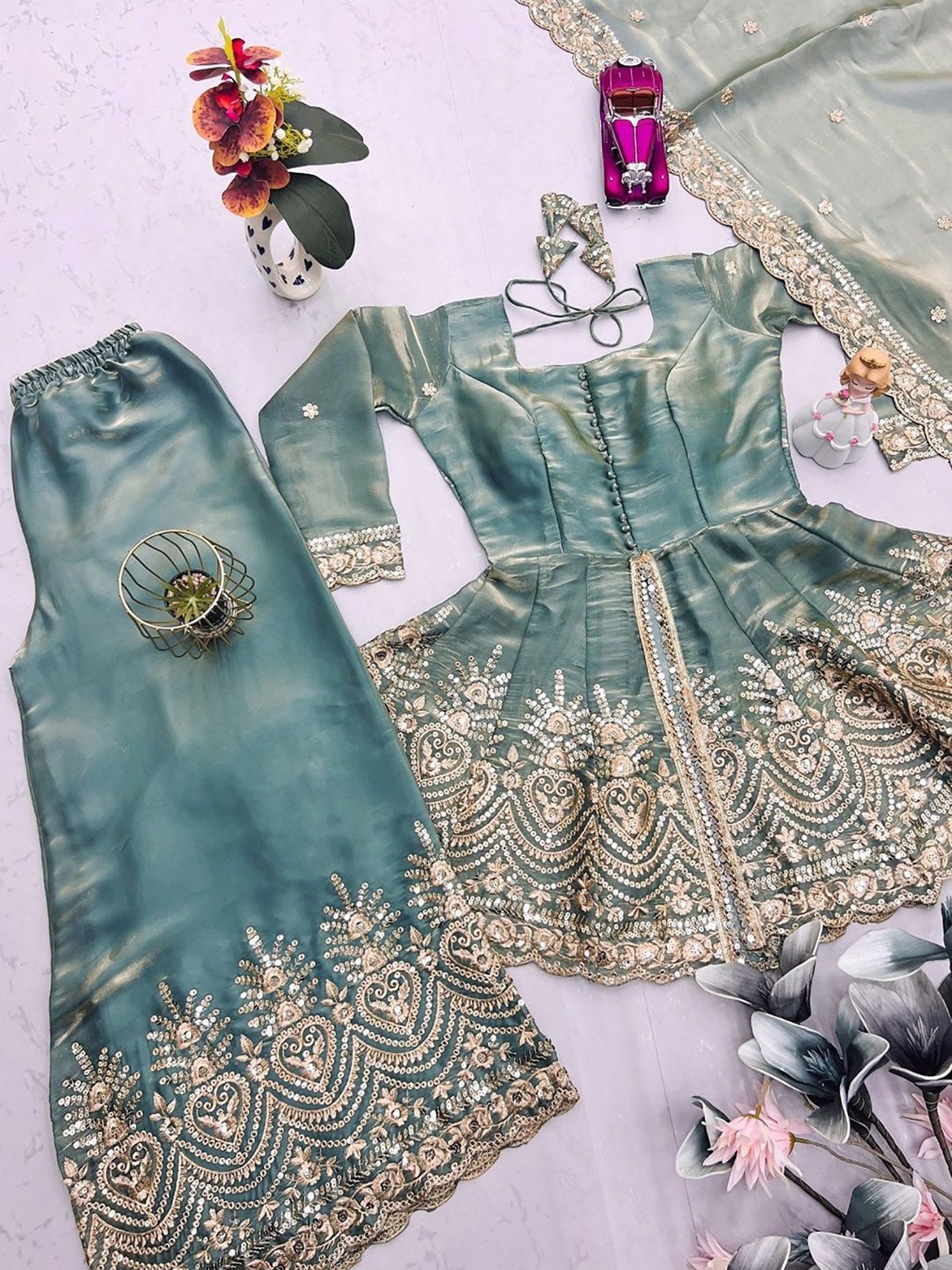 Firozi Fandy Sharara Set with Dupatta
