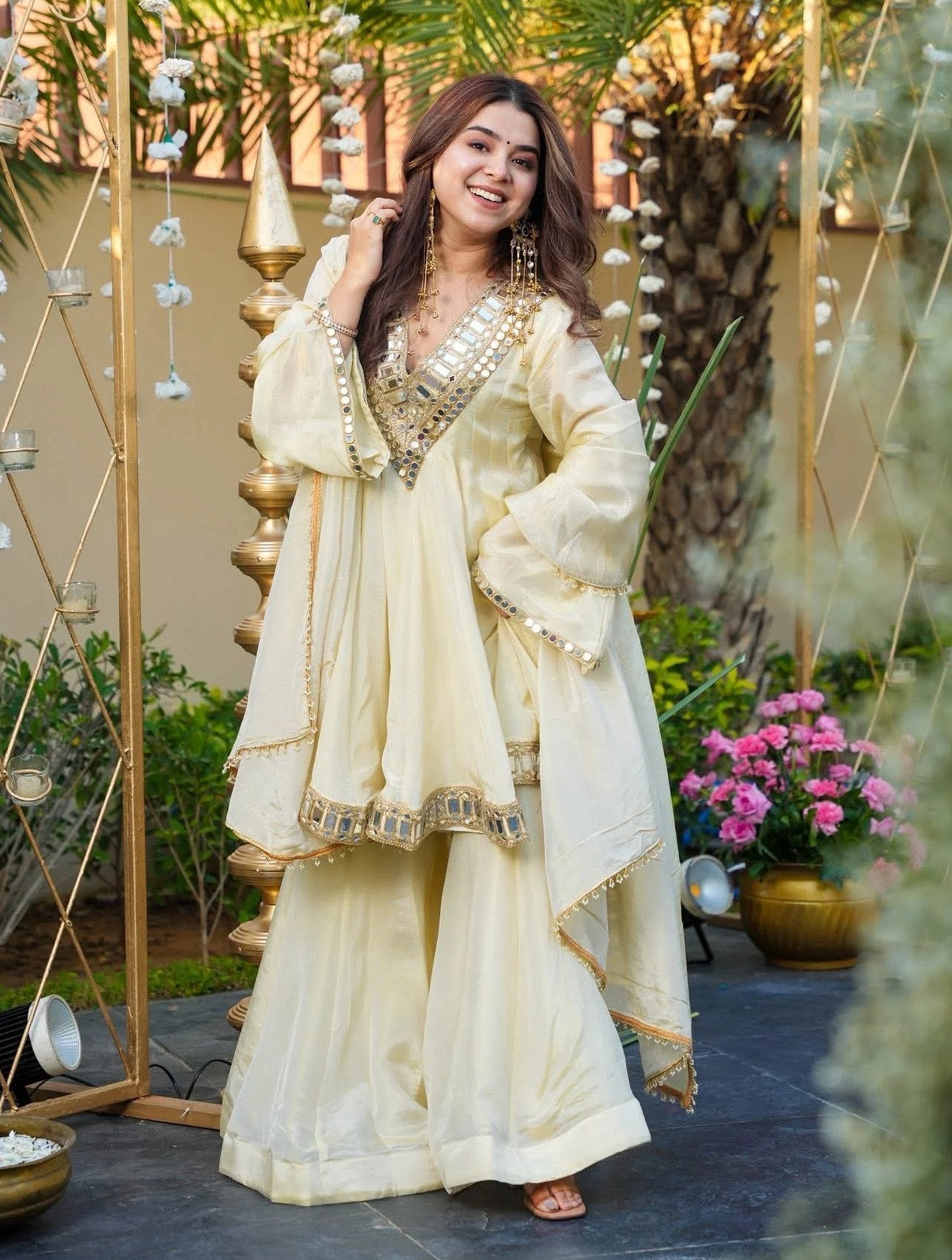 Off-White Mirror Embroidered Palazzo Set
