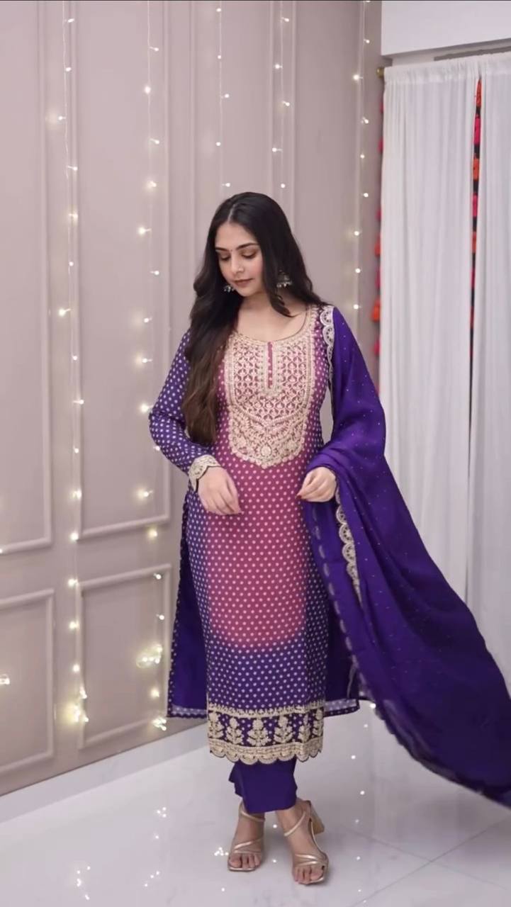 Chinon Wedding Embroidered Suit Set with Dupatta