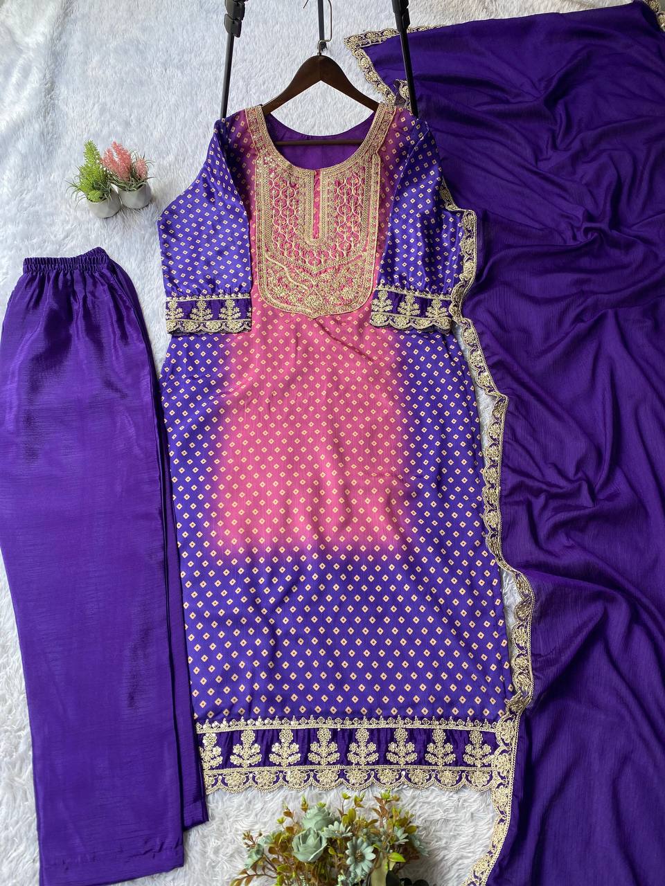 Chinon Wedding Embroidered Suit Set with Dupatta