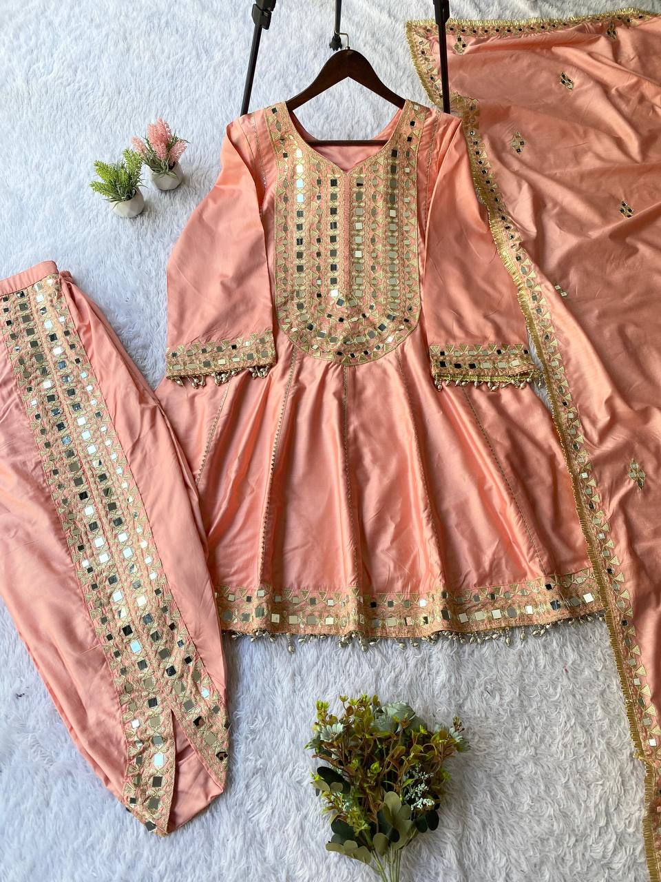 Chanderi Mirror Work Tulip Dhoti Set with Dupatta