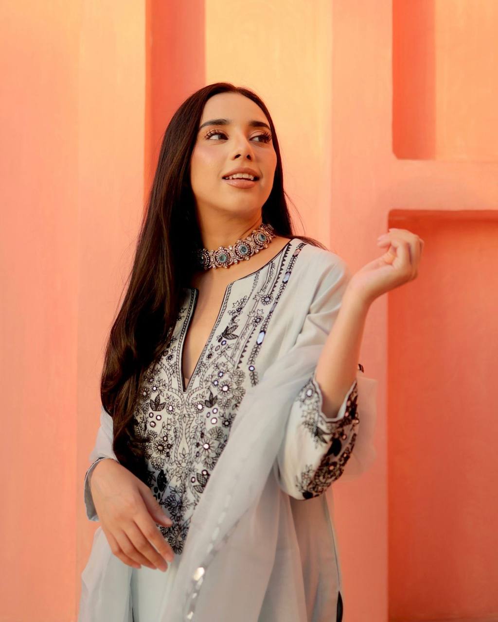 Georgette Foil Embroidered Pant Set with Dupatta