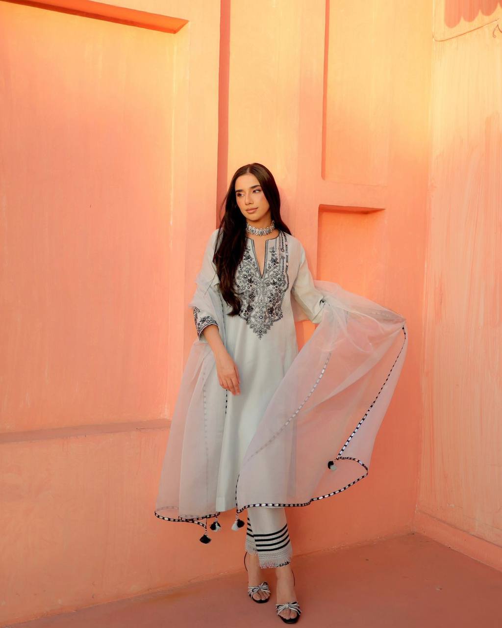 Georgette Foil Embroidered Pant Set with Dupatta