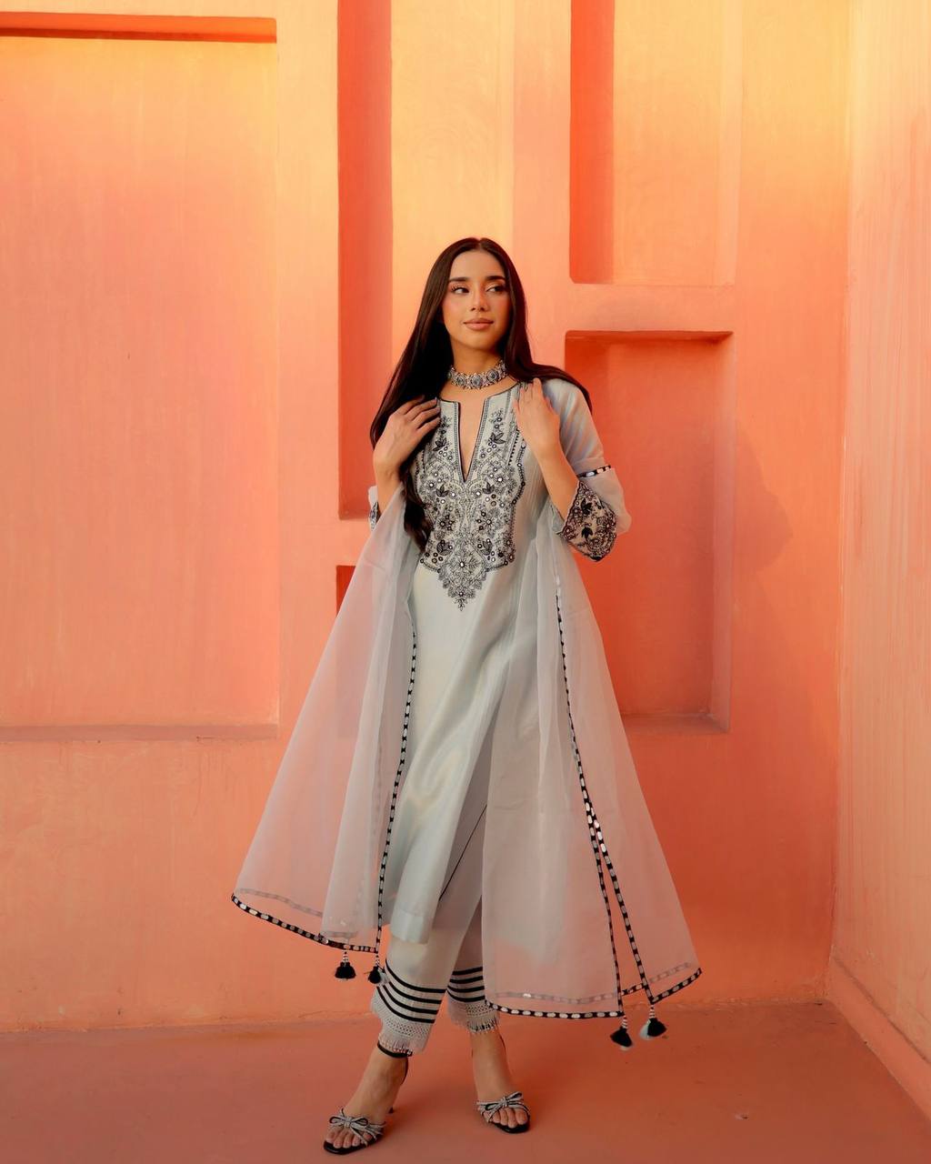 Georgette Foil Embroidered Pant Set with Dupatta
