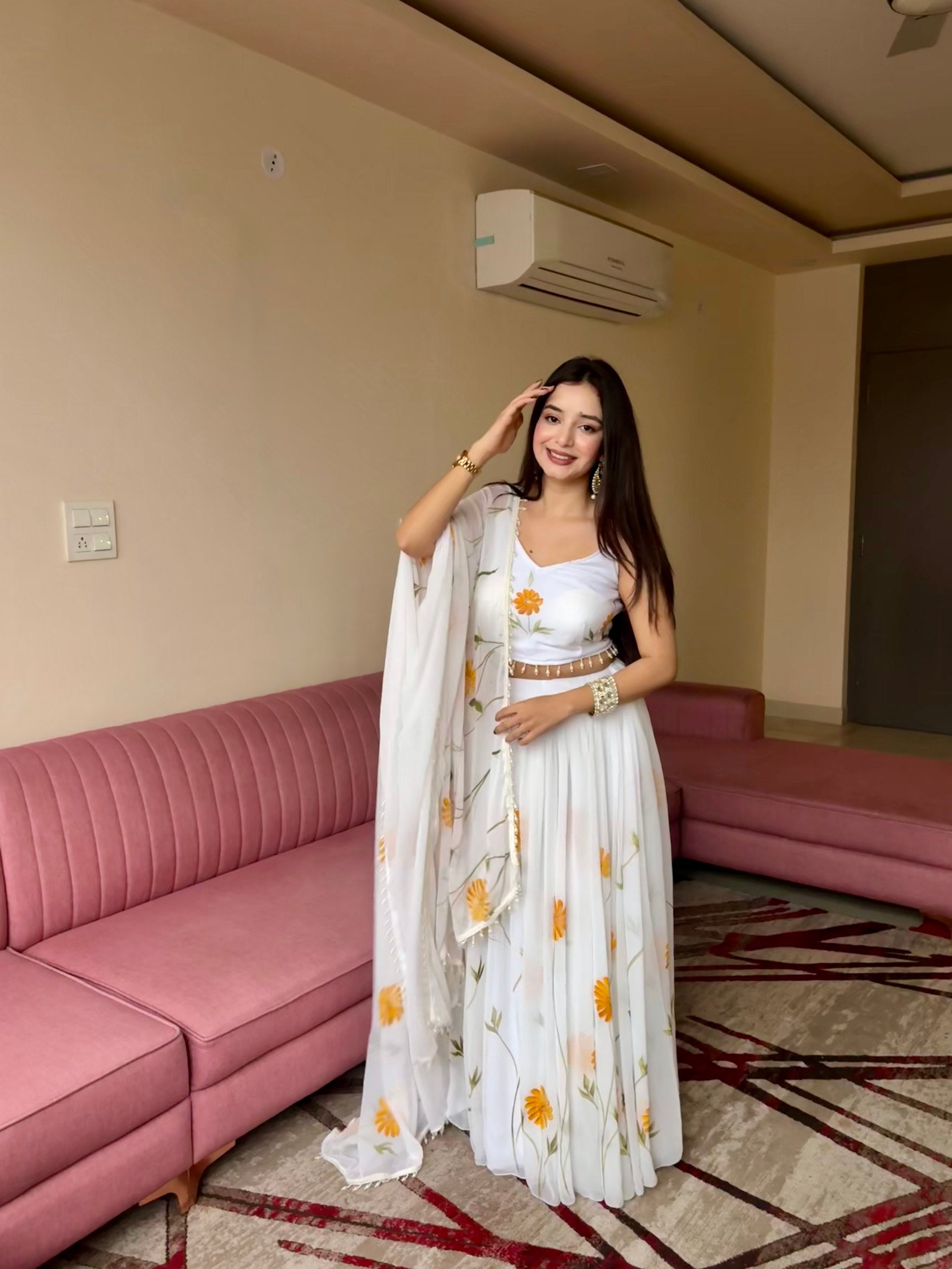 Floral Organza Lehenga Set with Hand-Painted Design