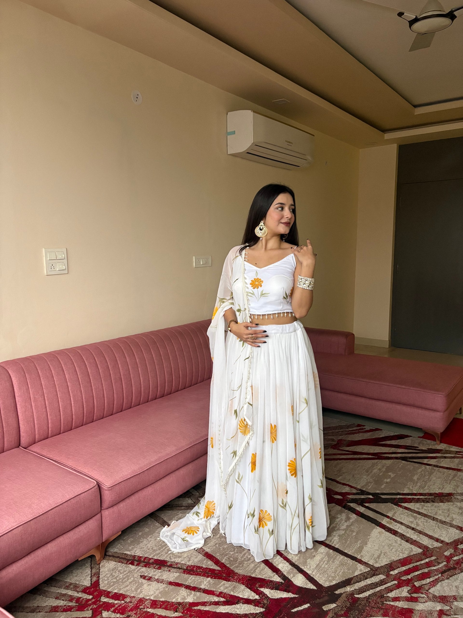 Floral Organza Lehenga Set with Hand-Painted Design