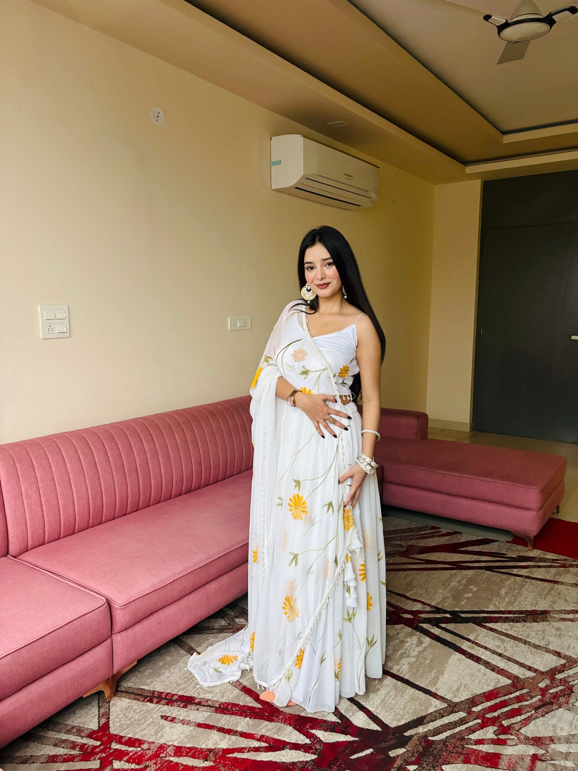 Floral Organza Lehenga Set with Hand-Painted Design