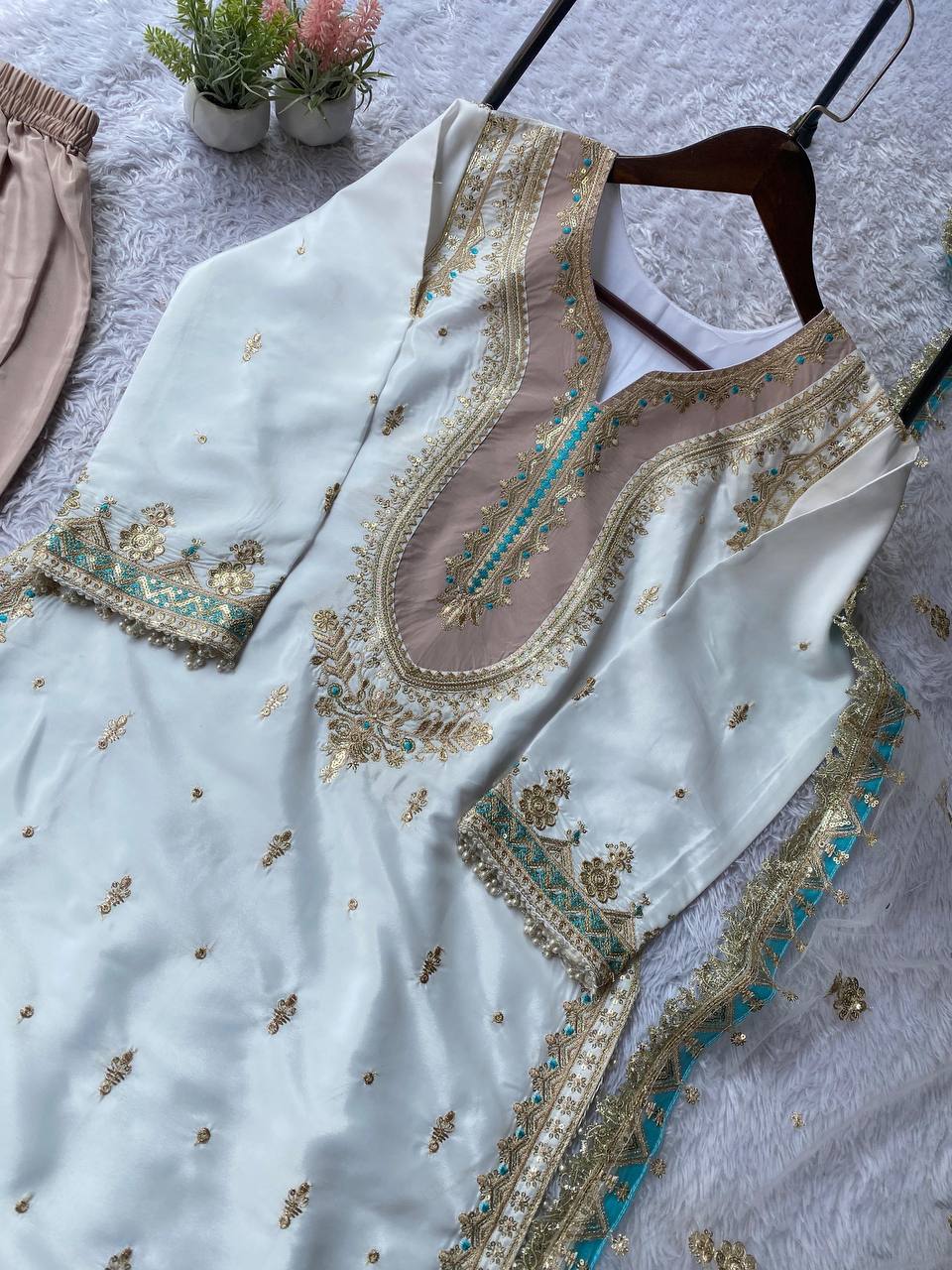 Crepe Silk Sequins Palazzo Set with Net Dupatta