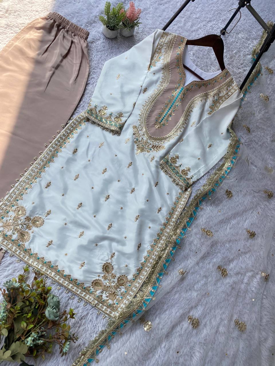 Crepe Silk Sequins Palazzo Set with Net Dupatta