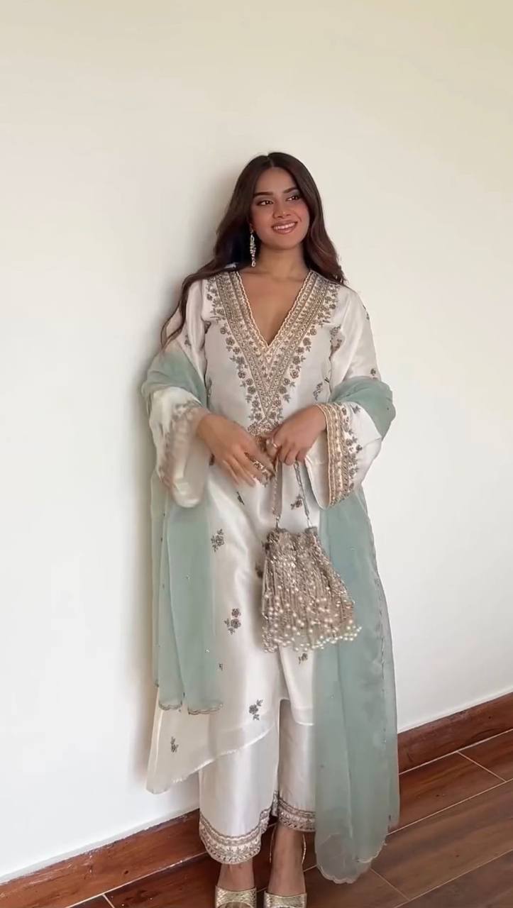 Roman Silk Sequins Palazzo Set with Organza Dupatta