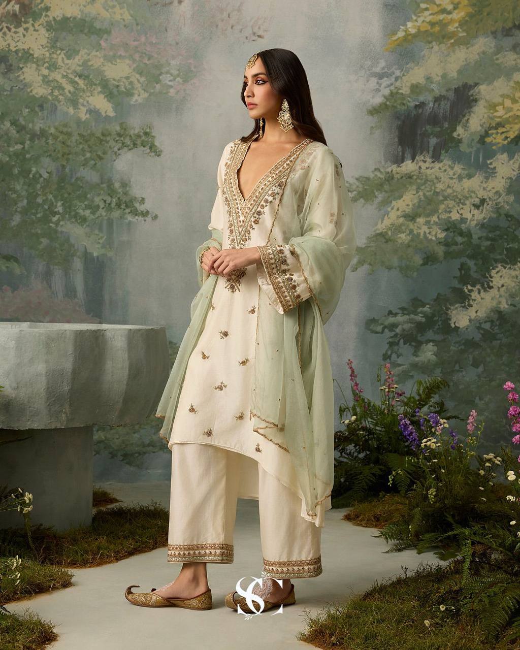 Roman Silk Sequins Palazzo Set with Organza Dupatta