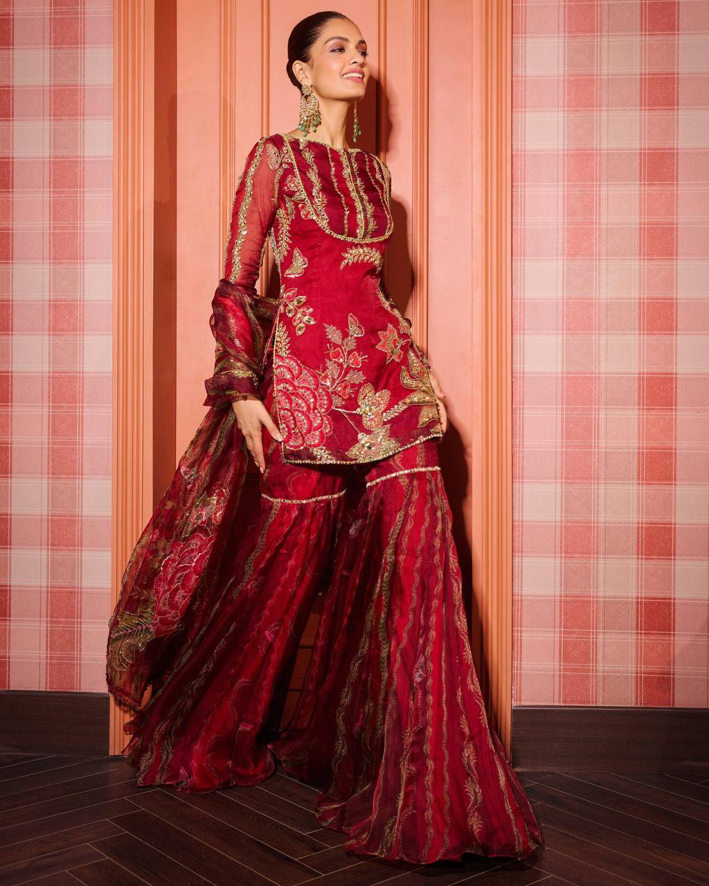 Organza Mirror Work Short Kurti Sharara Set