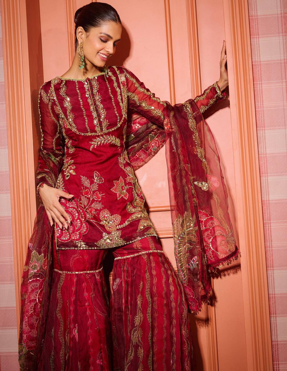 Organza Mirror Work Short Kurti Sharara Set