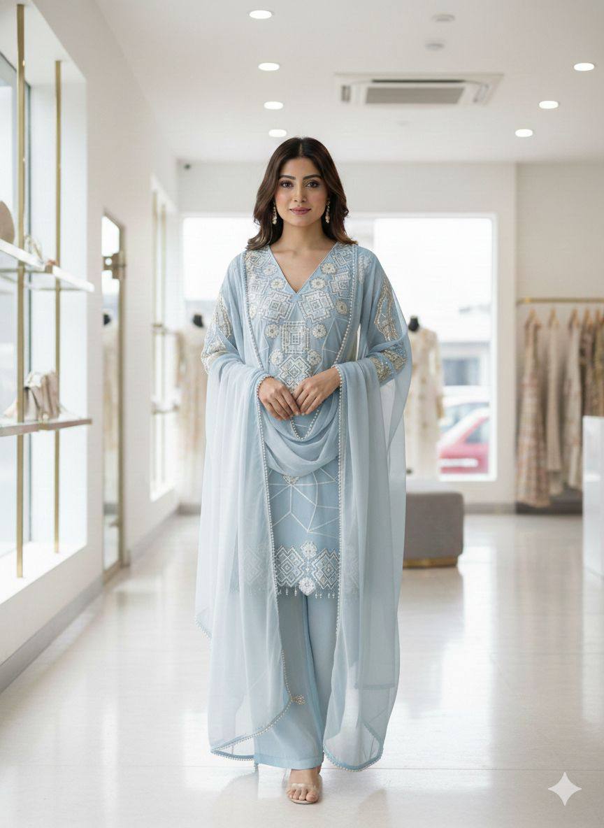 Georgette Sequins Palazzo Set with Tassel Dupatta