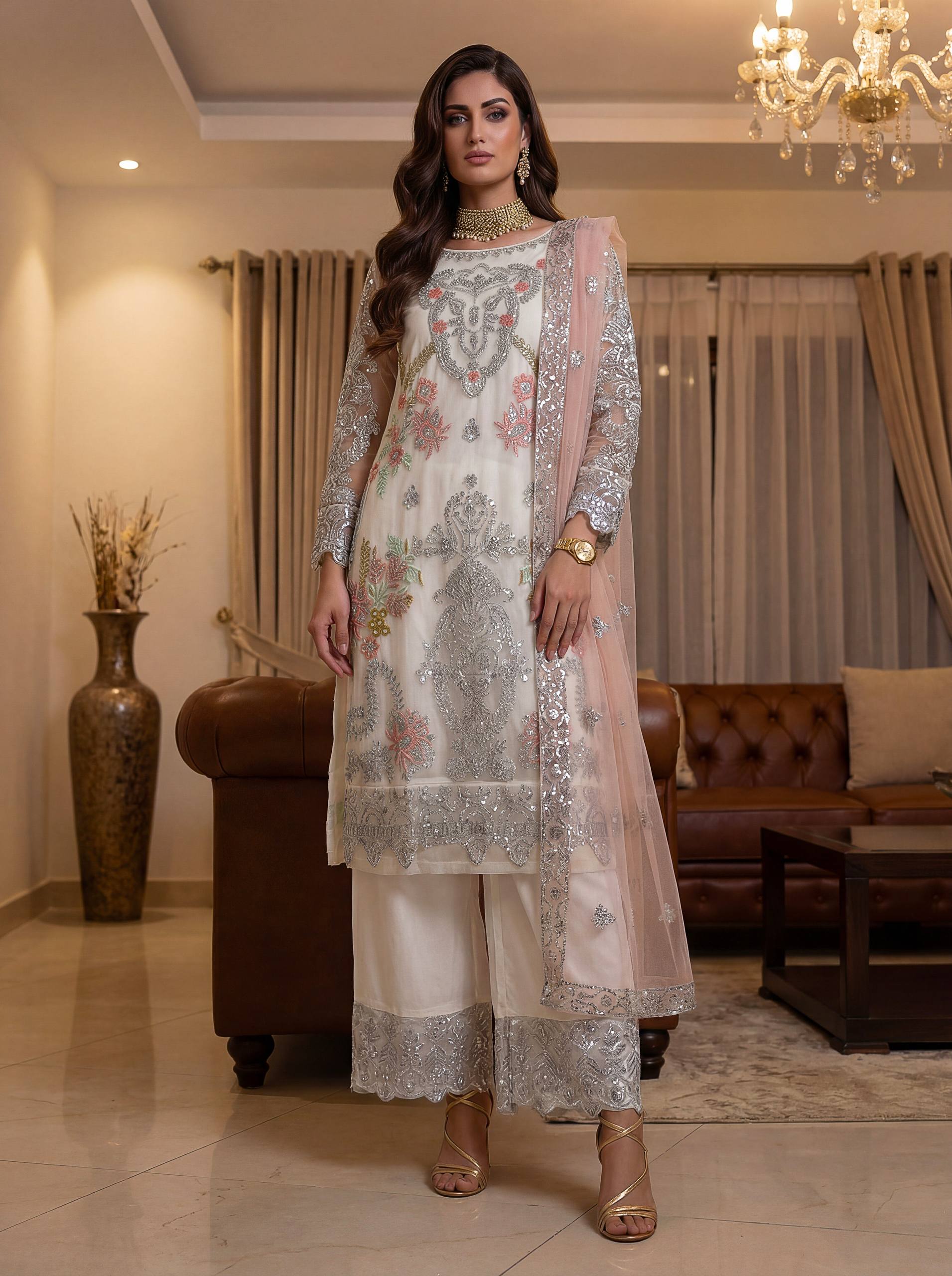 Ivory Net Sequins Zari Sharara Set with Dupatta