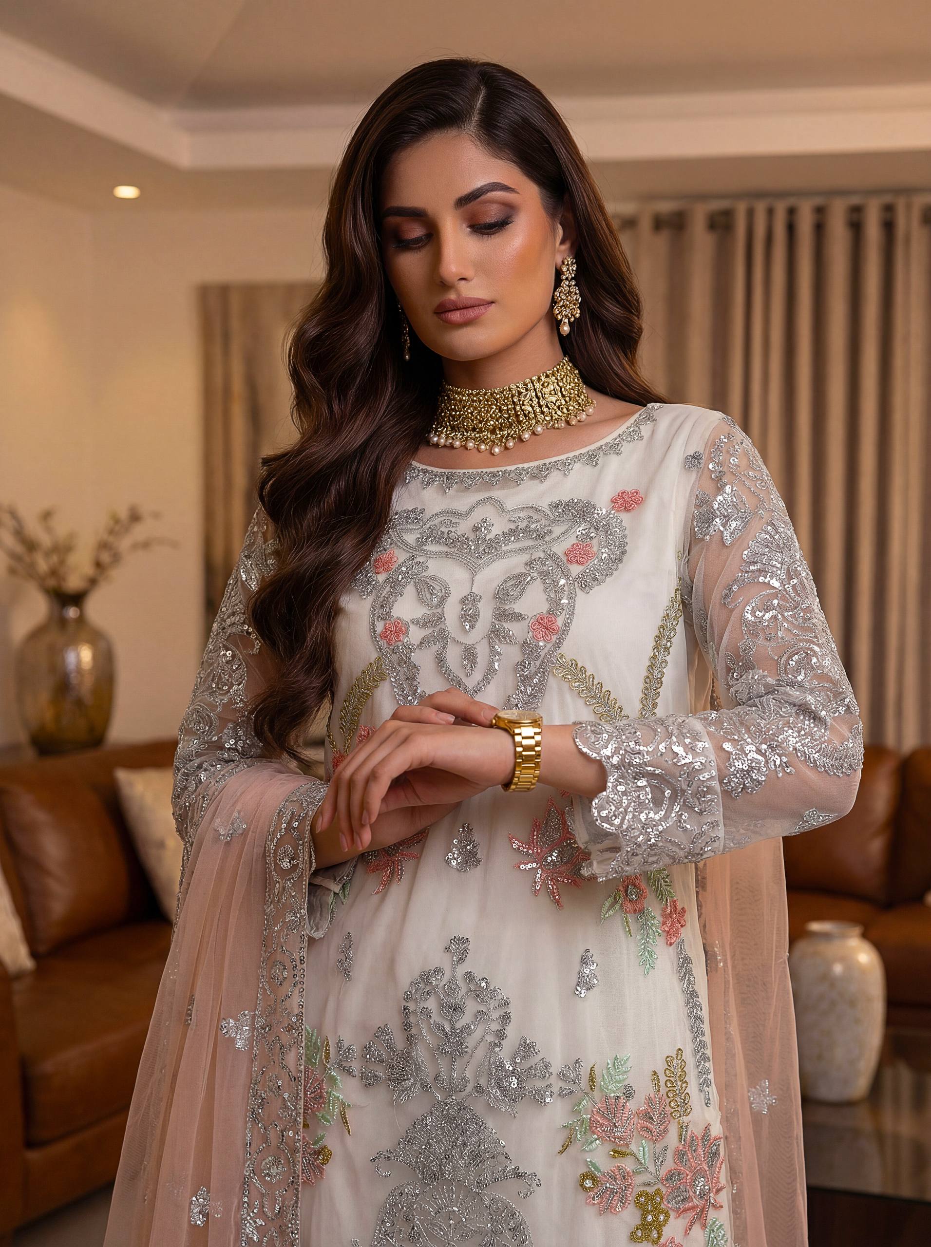 Ivory Net Sequins Zari Sharara Set with Dupatta