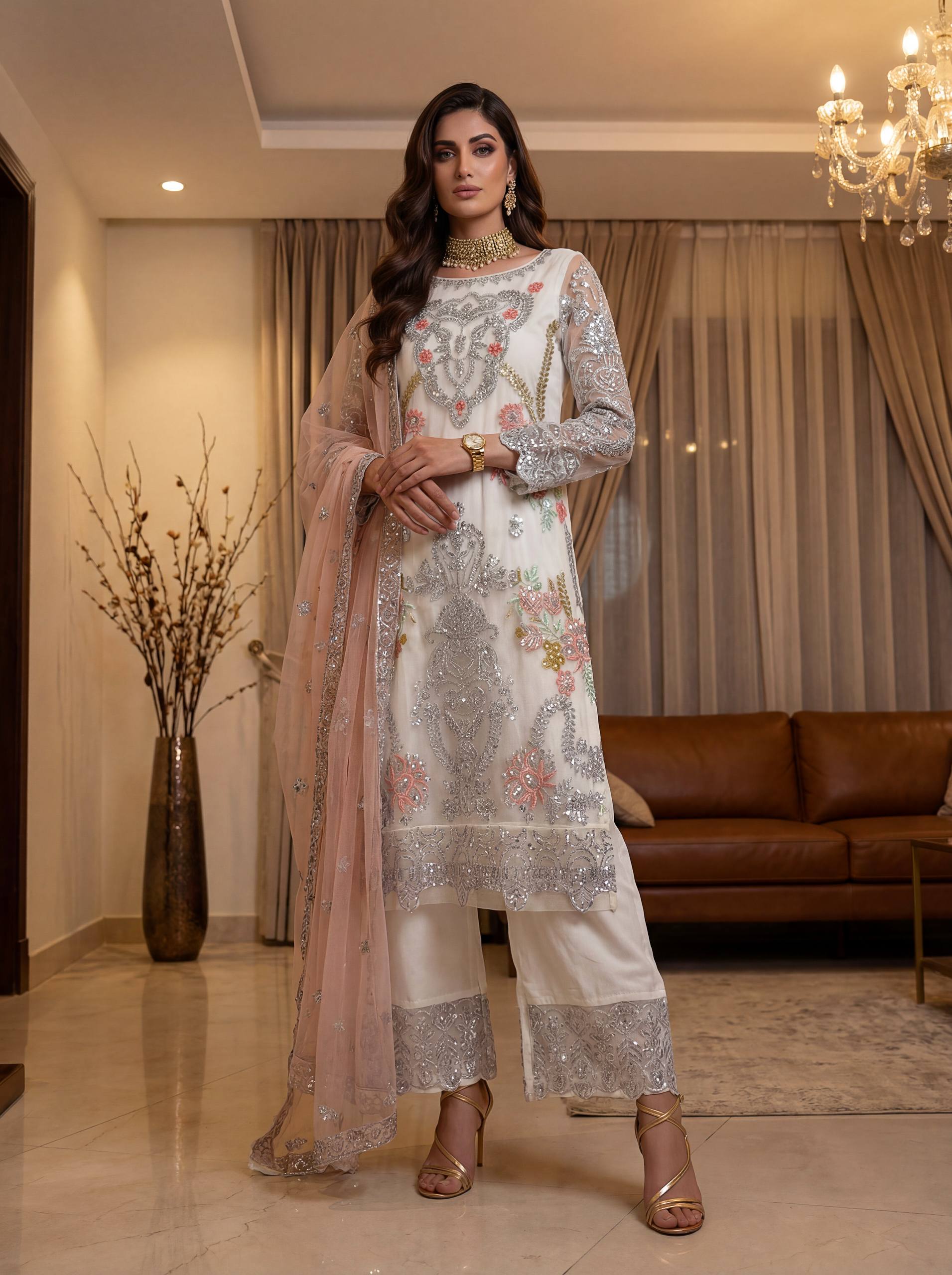 Ivory Net Sequins Zari Sharara Set with Dupatta