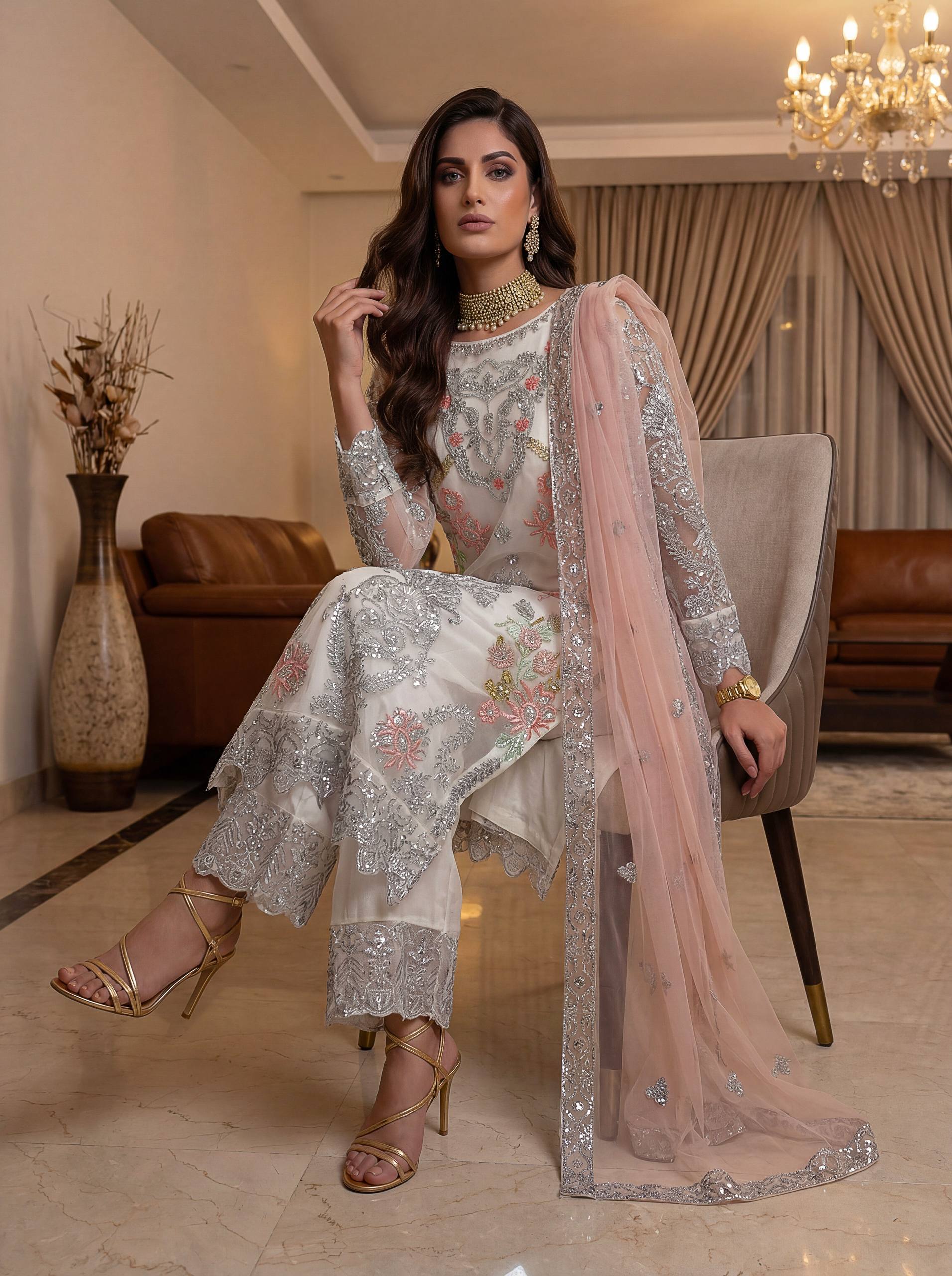 Ivory Net Sequins Zari Sharara Set with Dupatta
