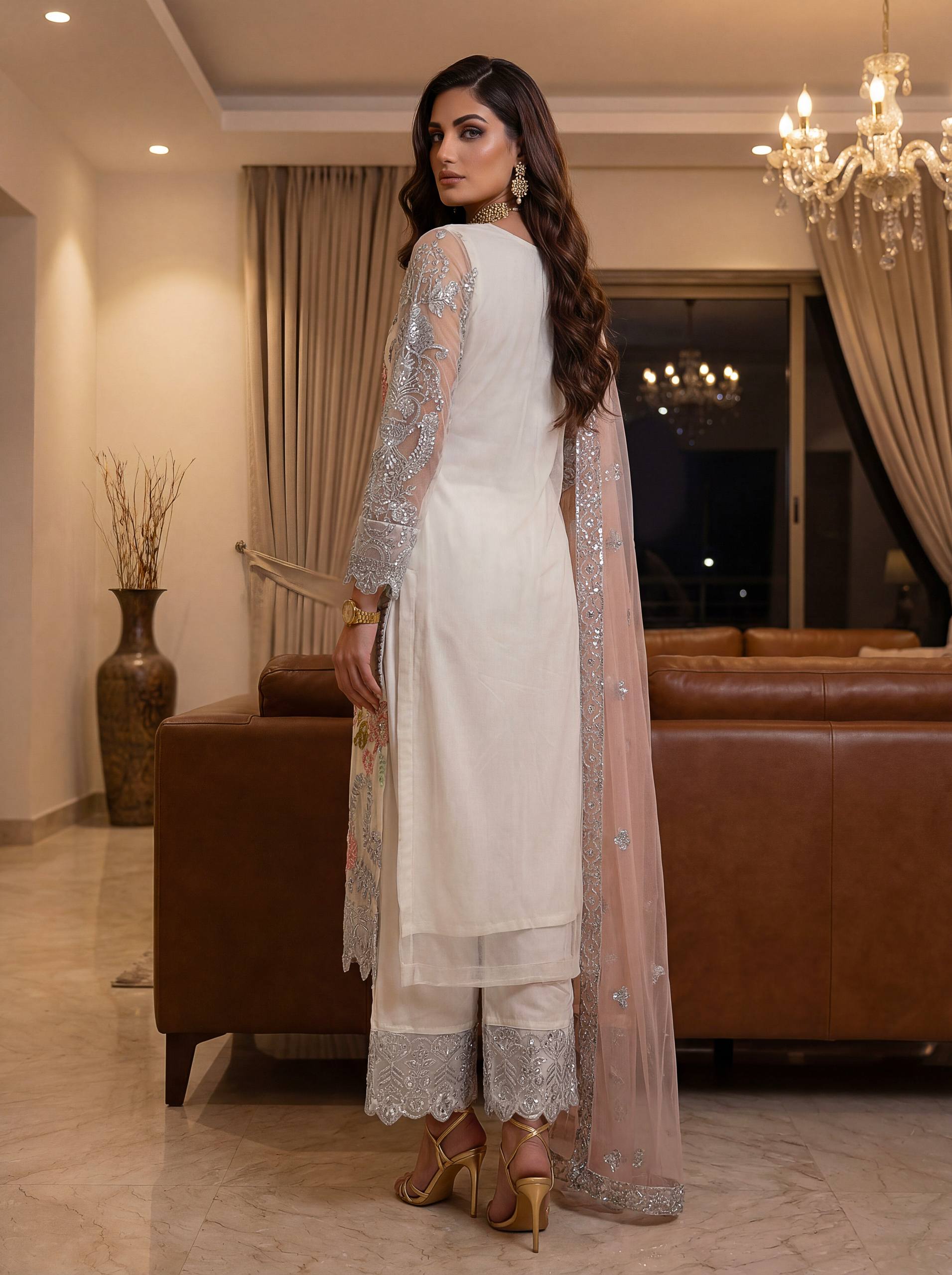Ivory Net Sequins Zari Sharara Set with Dupatta