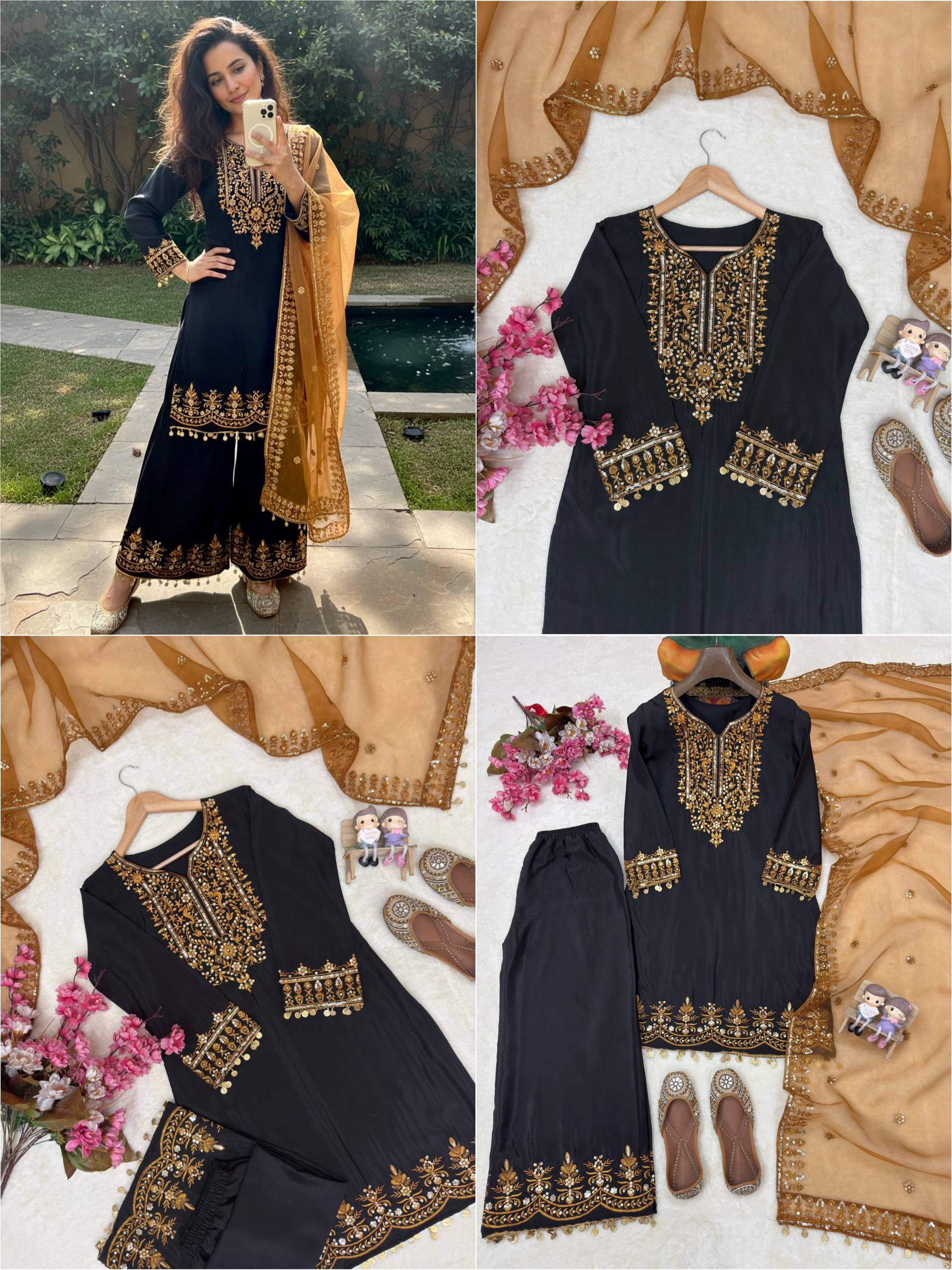 Black traditional outfit with gold embroidery displayed in multiple views.