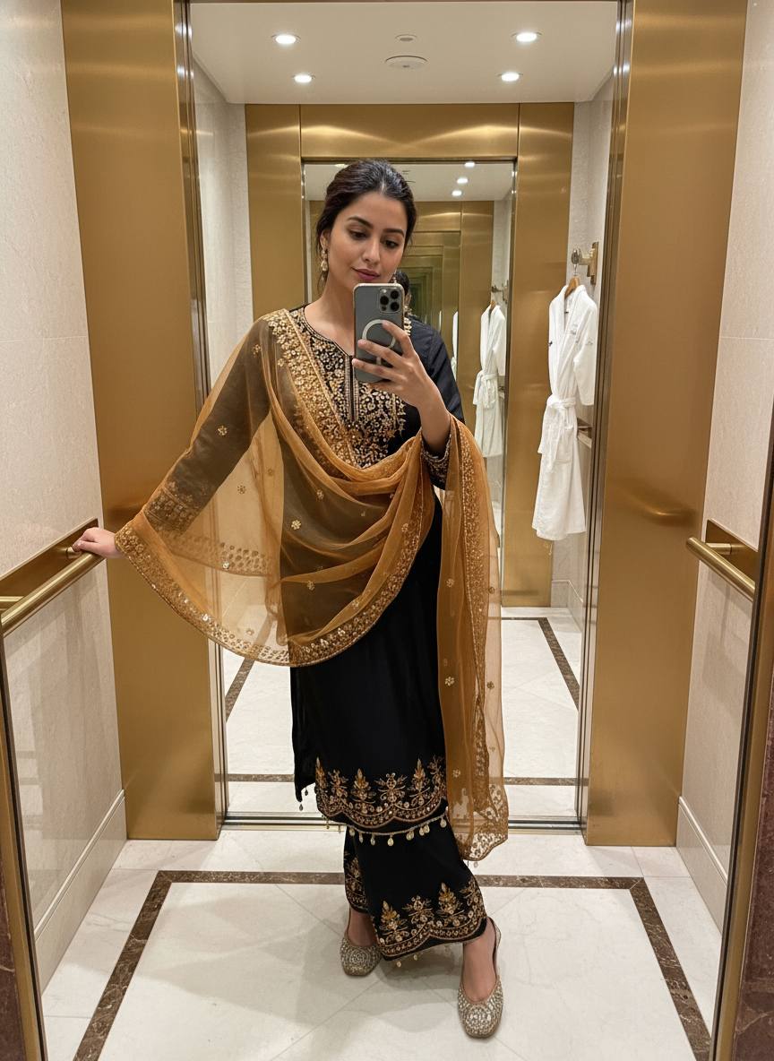 Woman taking a mirror selfie wearing a black and gold traditional outfit in an elevator.