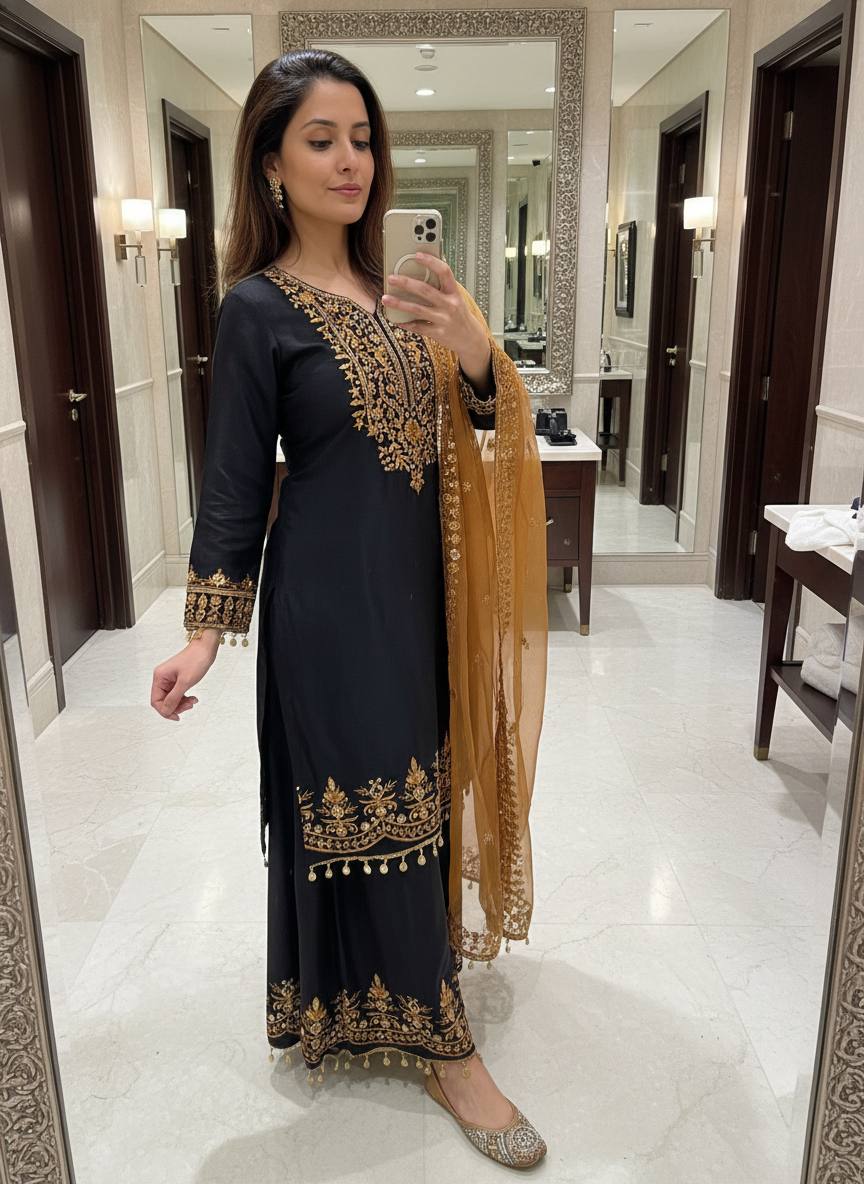 Woman taking a mirror selfie wearing a black and gold traditional outfit in a home setting.