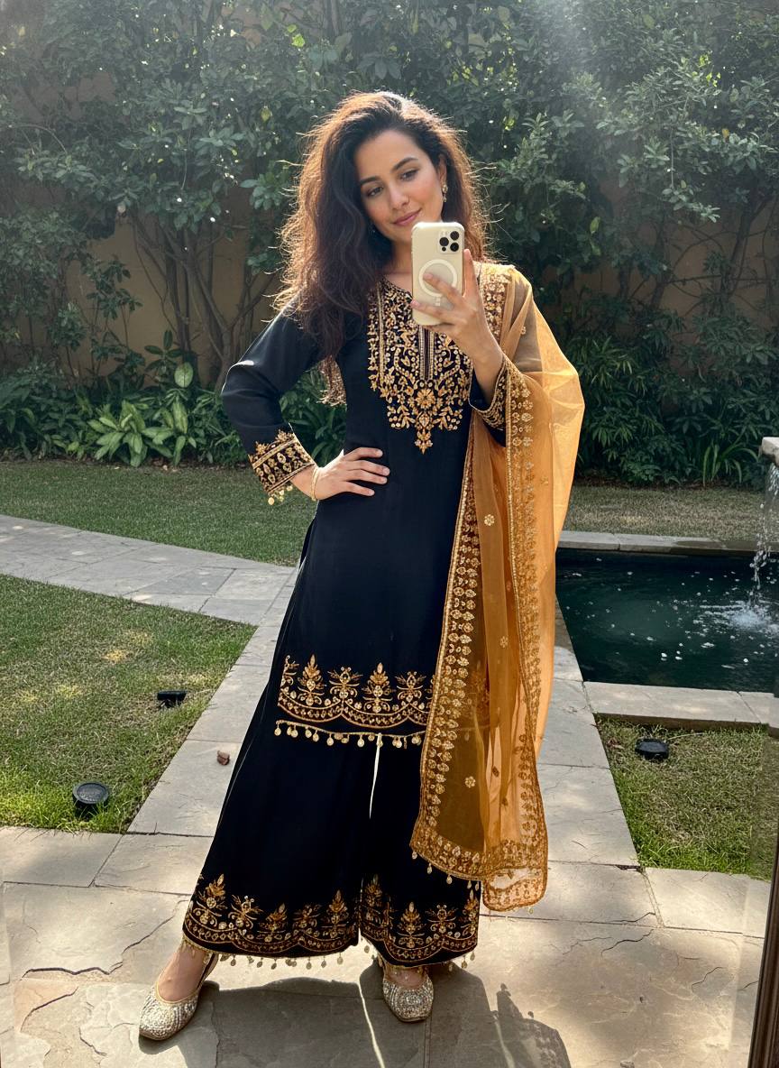 Woman taking a mirror selfie wearing a black and gold traditional outfit with a garden background.