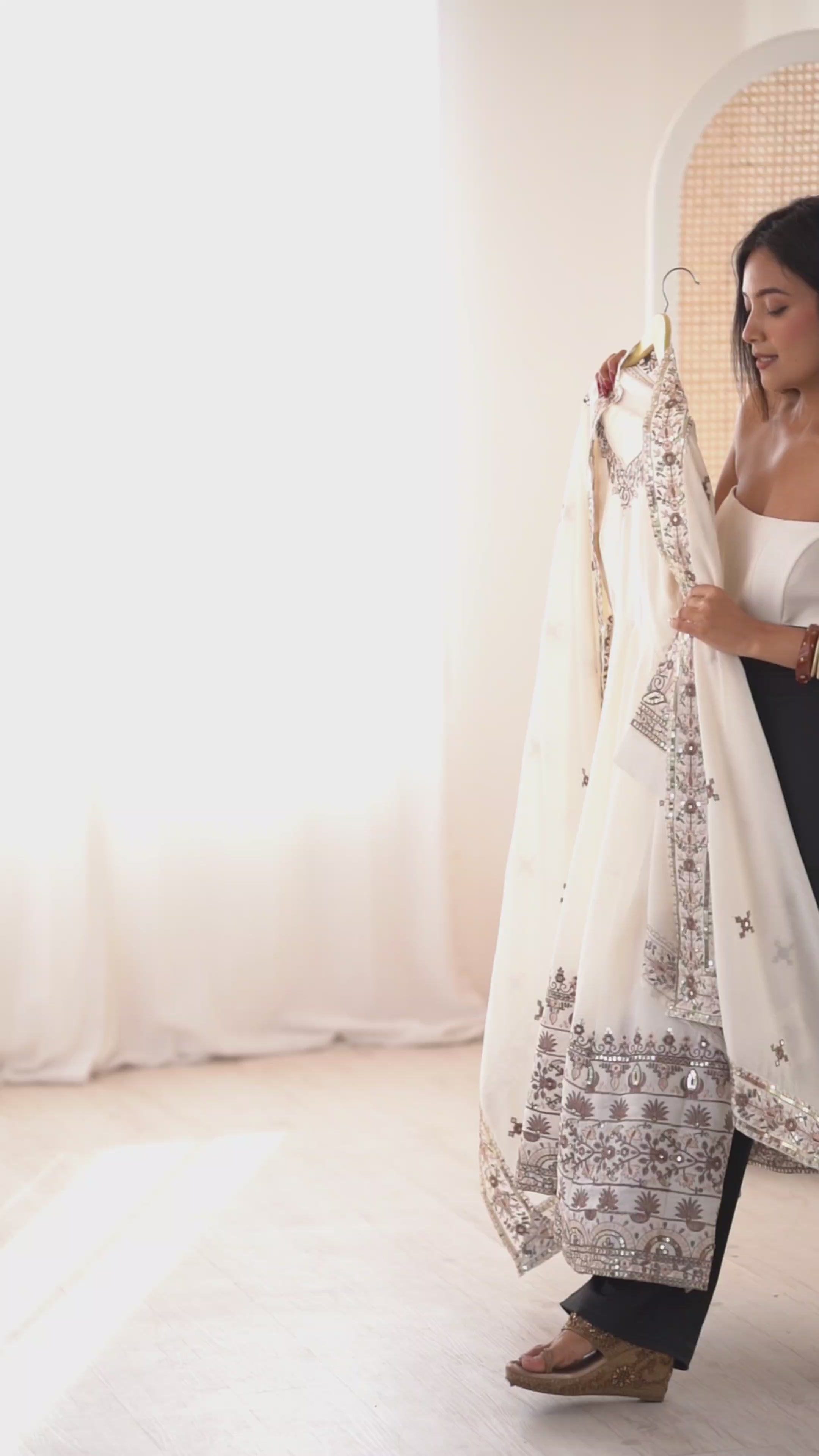 White Roman Silk Anarkali Gown Set
