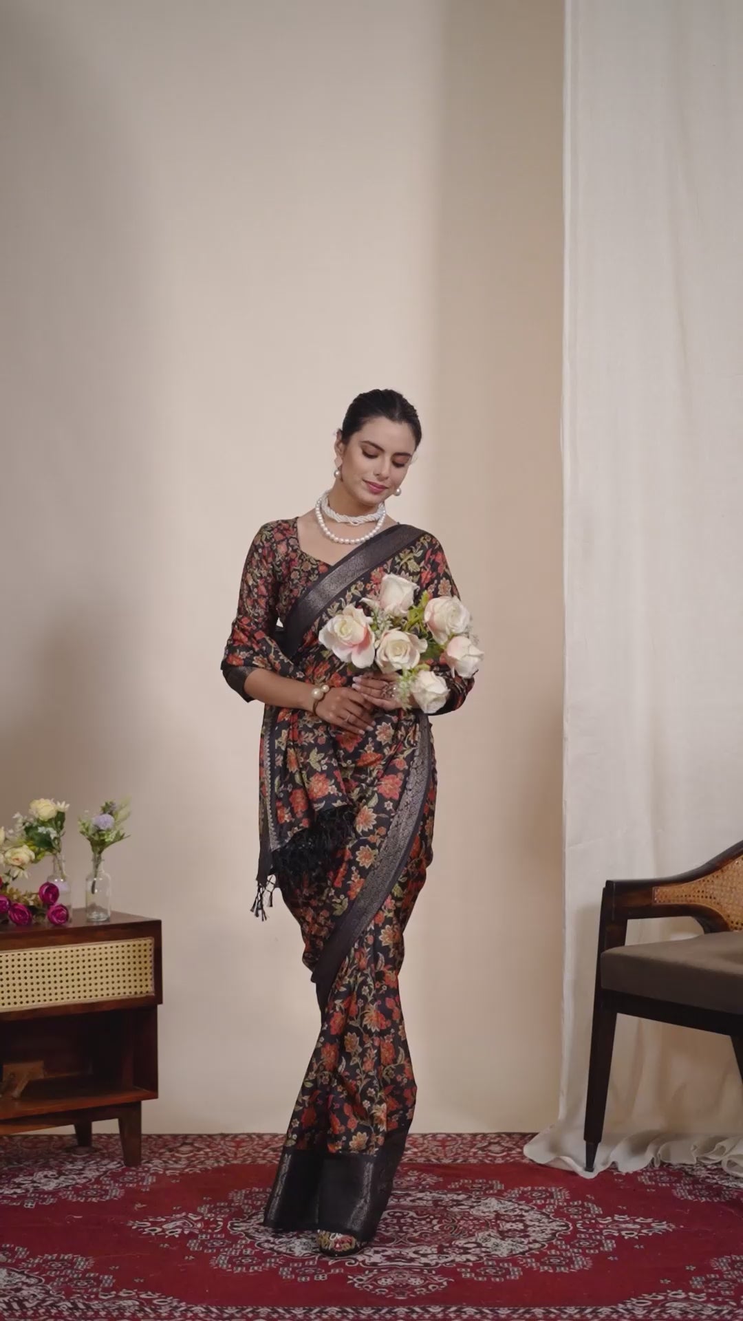 Black Floral Lichi Silk Saree with Zari Border Blouse