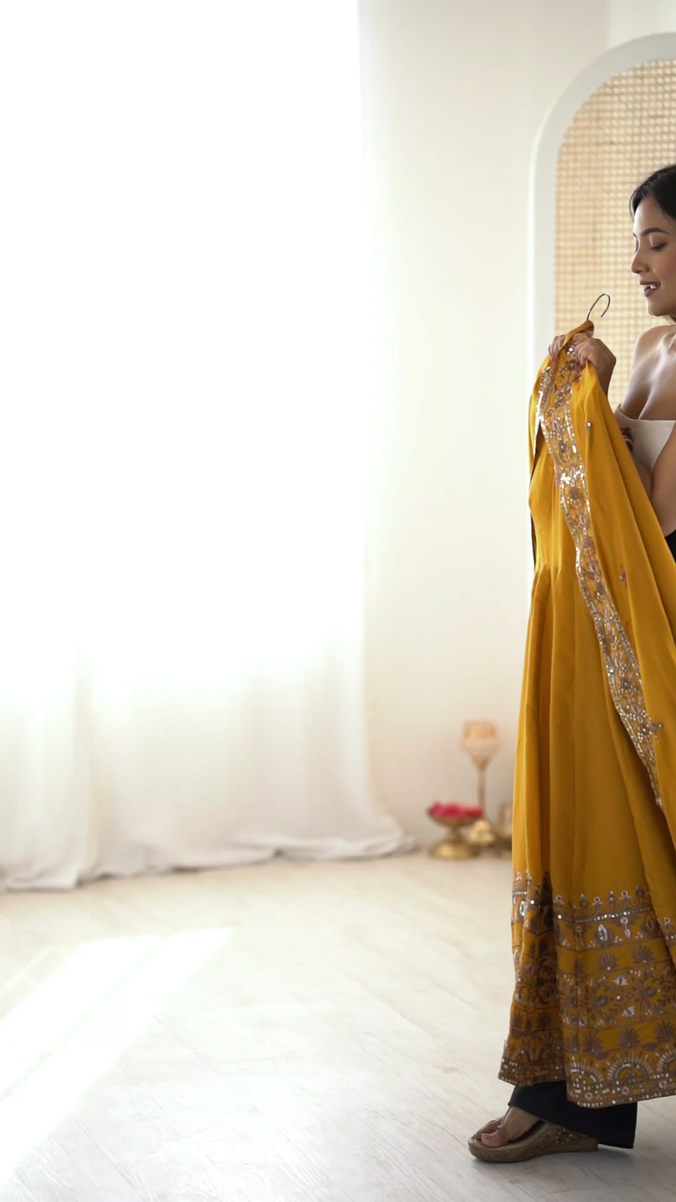 Yellow Roman Silk Anarkali Gown Set